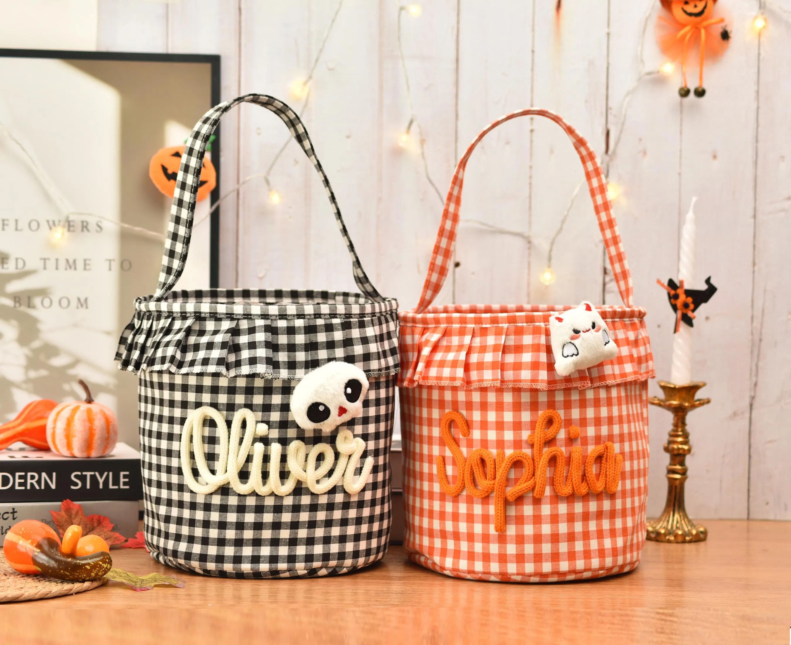 Halloween Basket Ruffle Personalized,Plaid Trick or Treat Bag with Custom Name
