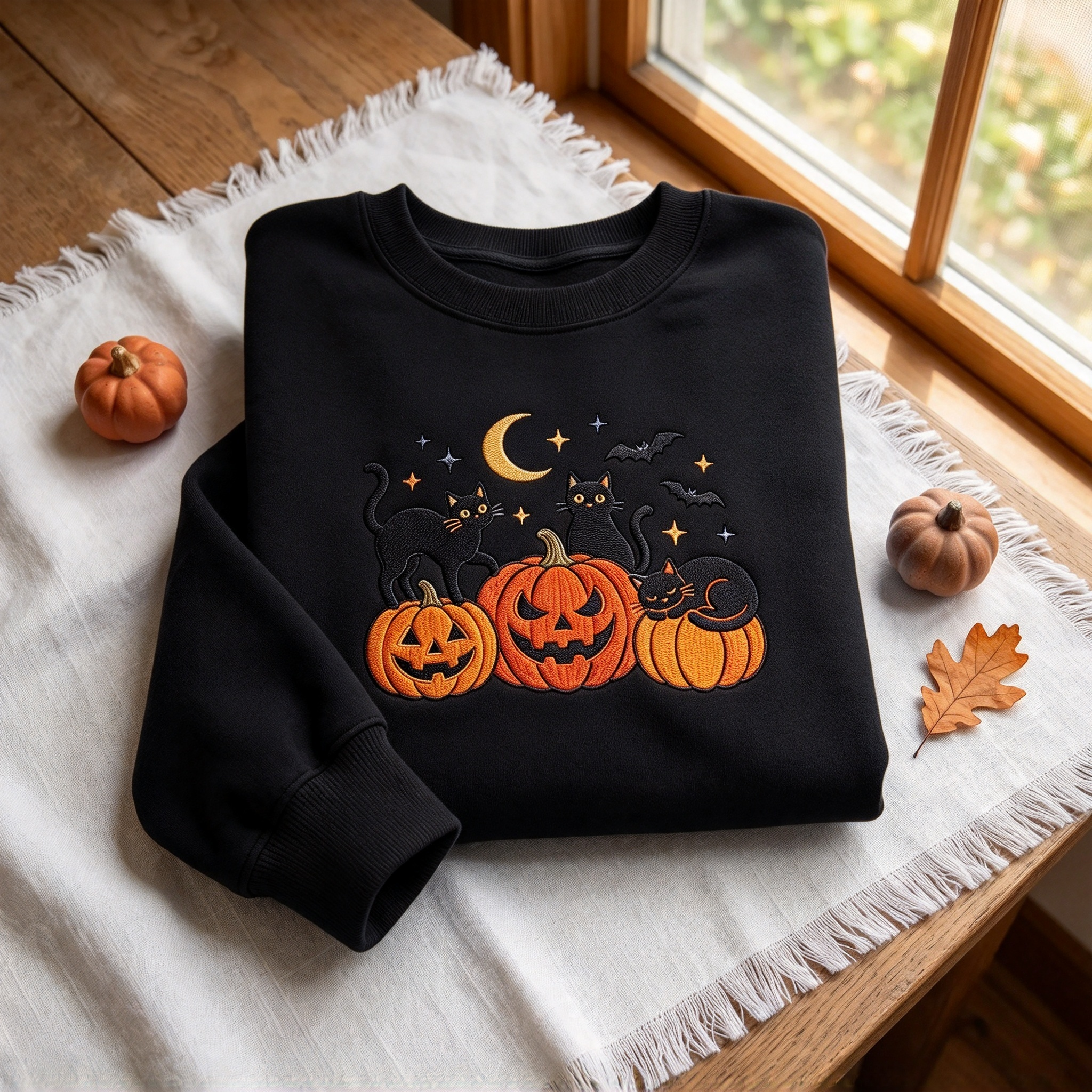 Halloween Black Cat Pumpkin Embroidered Sweatshirt