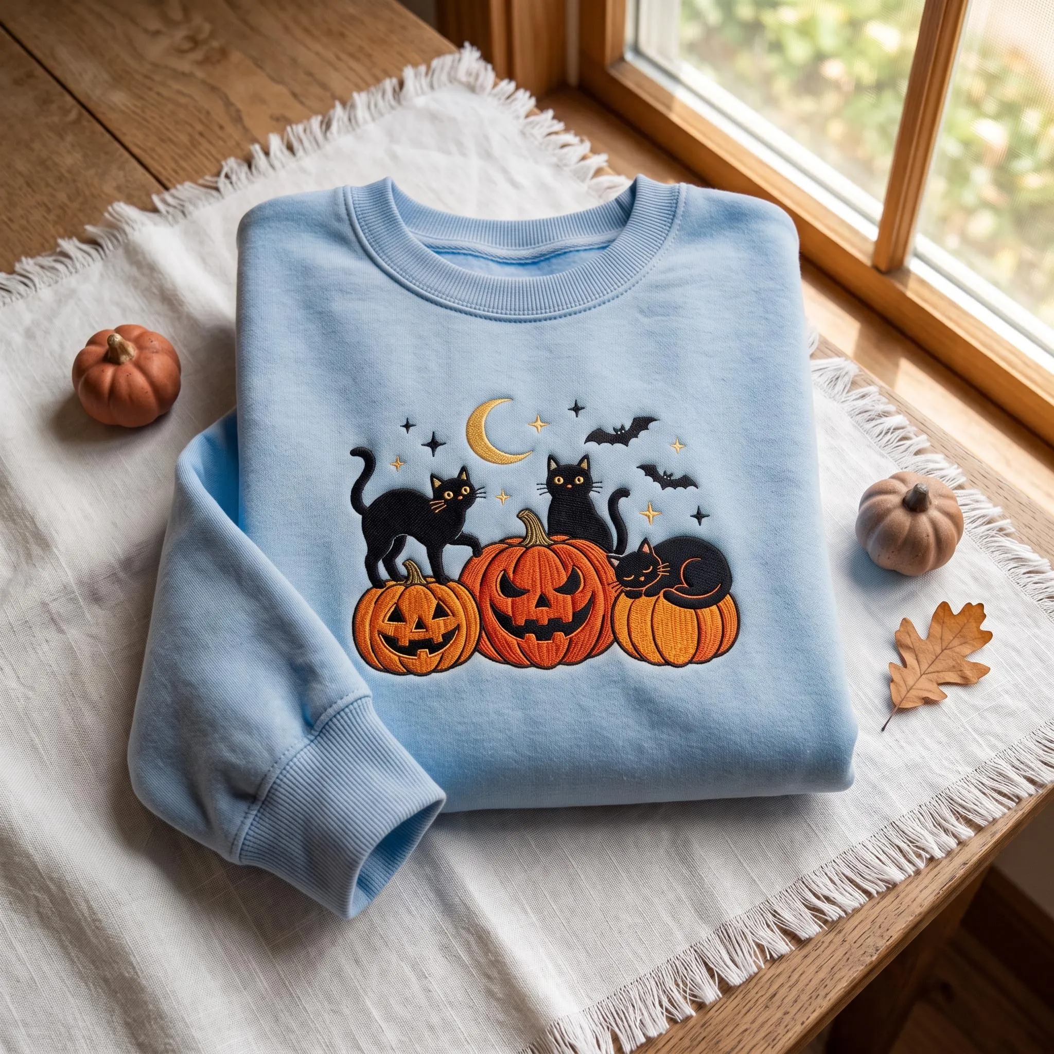 Halloween Black Cat Pumpkin Embroidered Sweatshirt