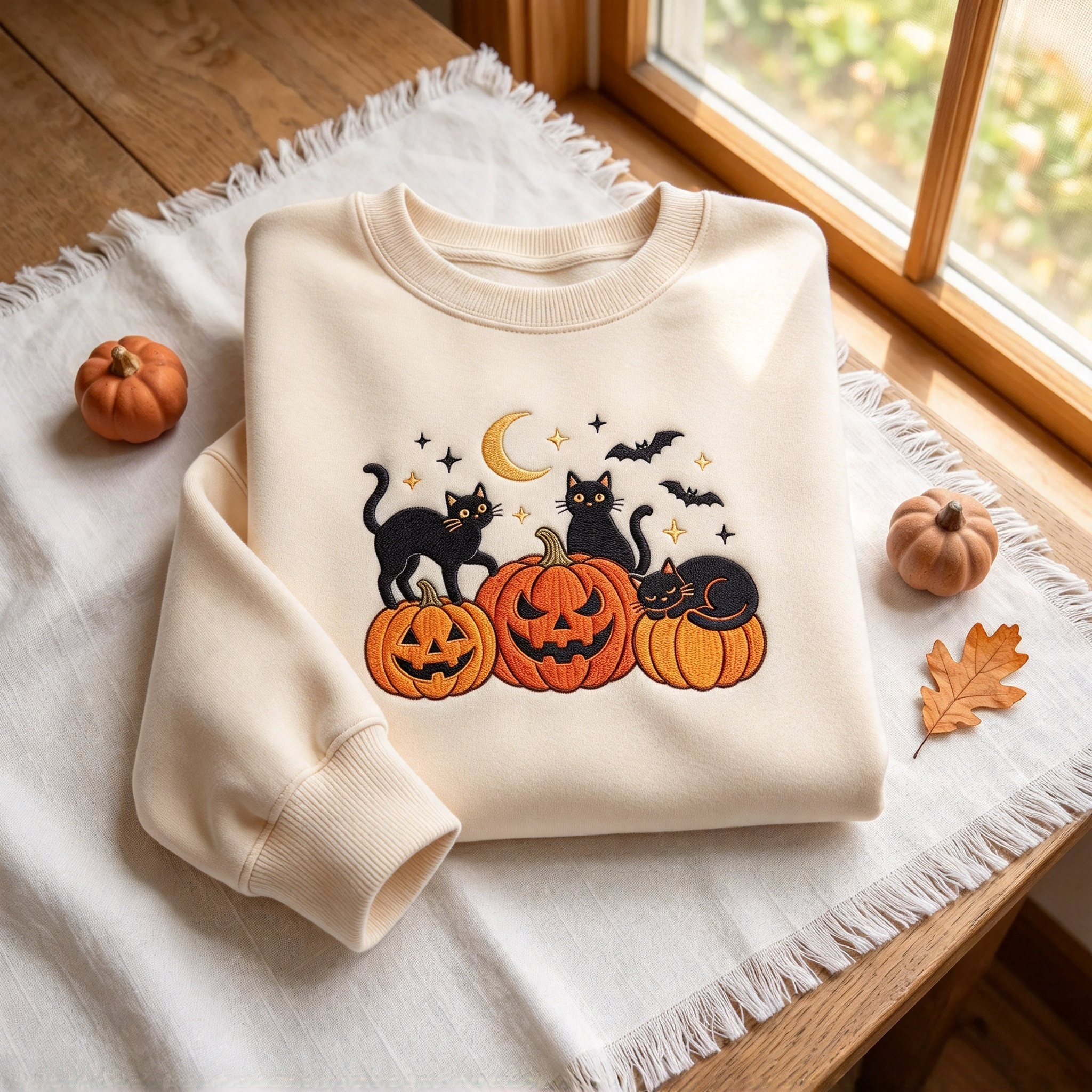 Halloween Black Cat Pumpkin Embroidered Sweatshirt
