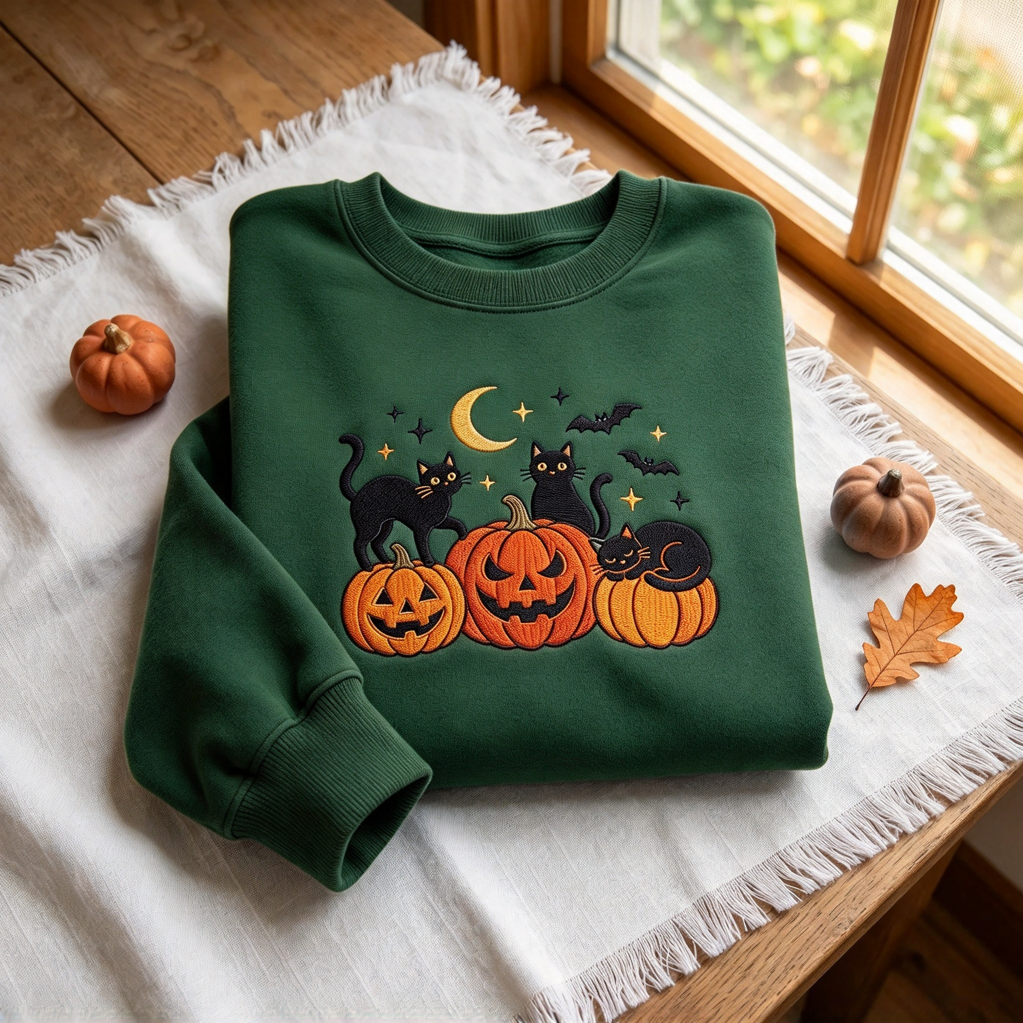 Halloween Black Cat Pumpkin Embroidered Sweatshirt