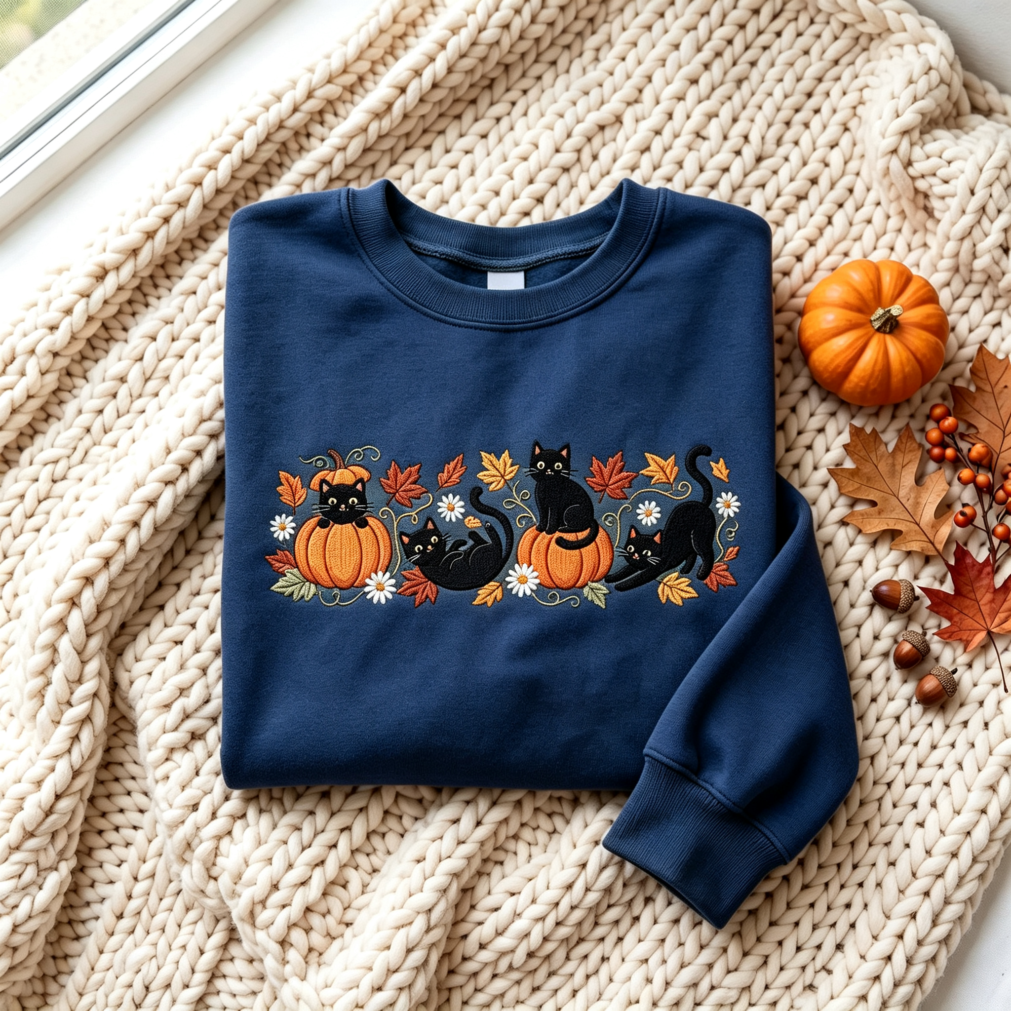 Halloween Black Cat Pumpkin Embroidered Sweatshirt
