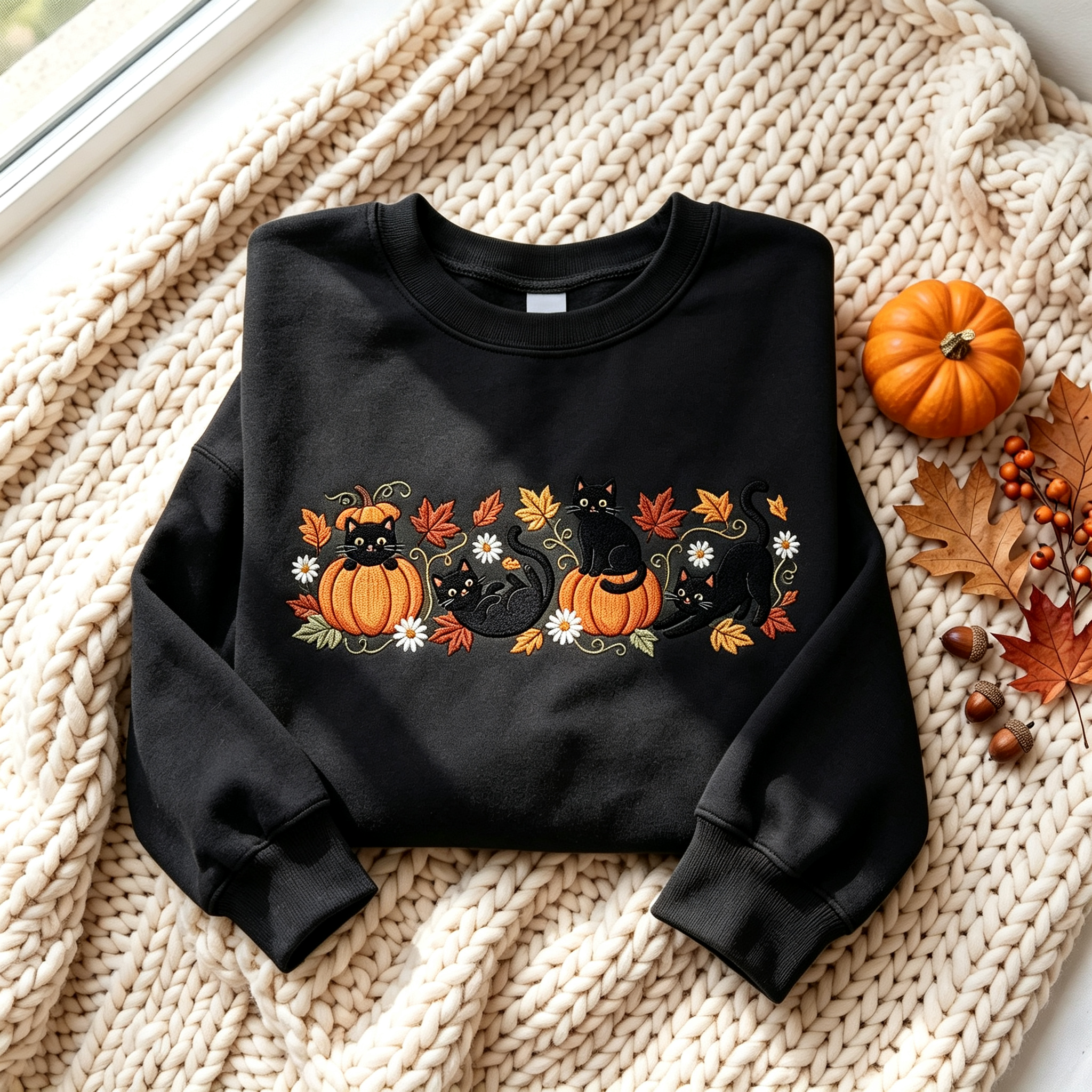 Halloween Black Cat Pumpkin Embroidered Sweatshirt