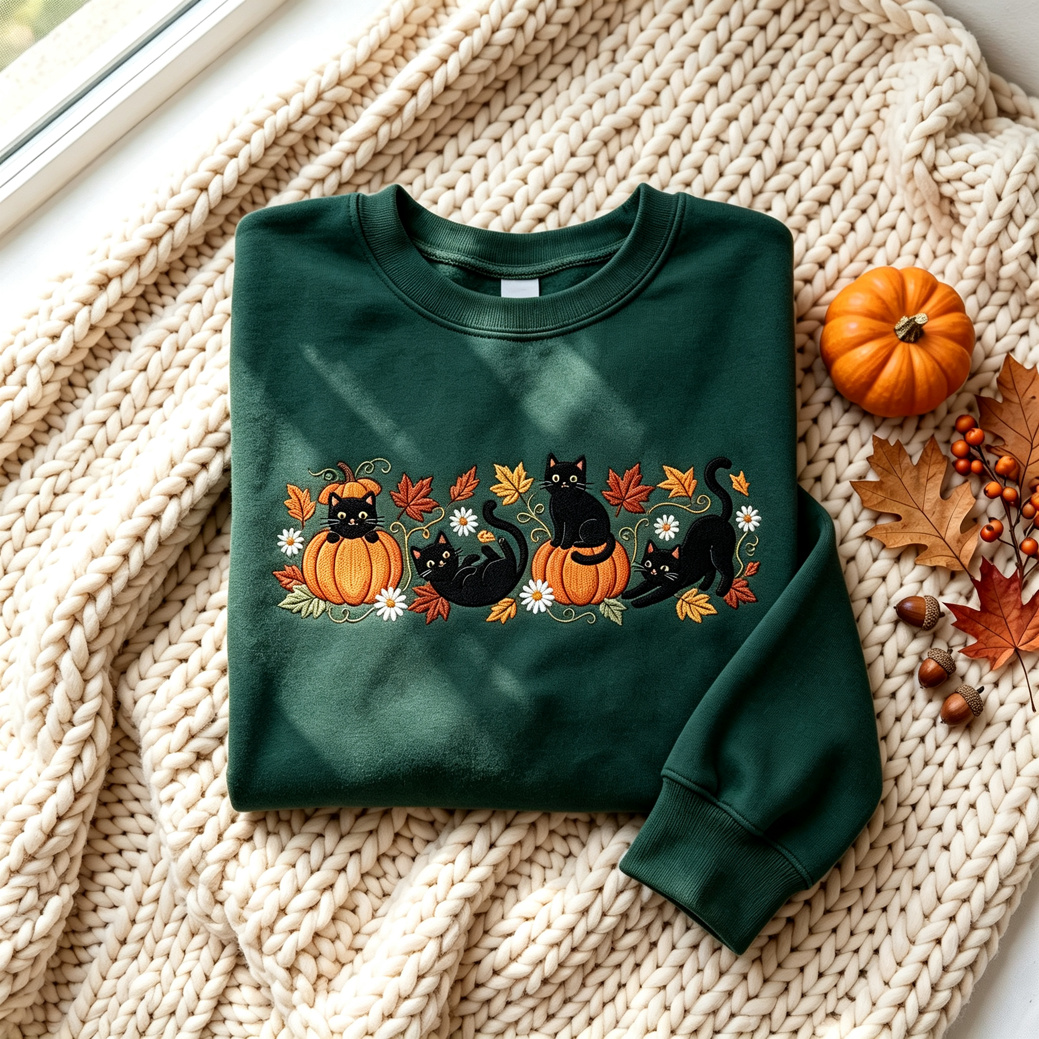 Halloween Black Cat Pumpkin Embroidered Sweatshirt