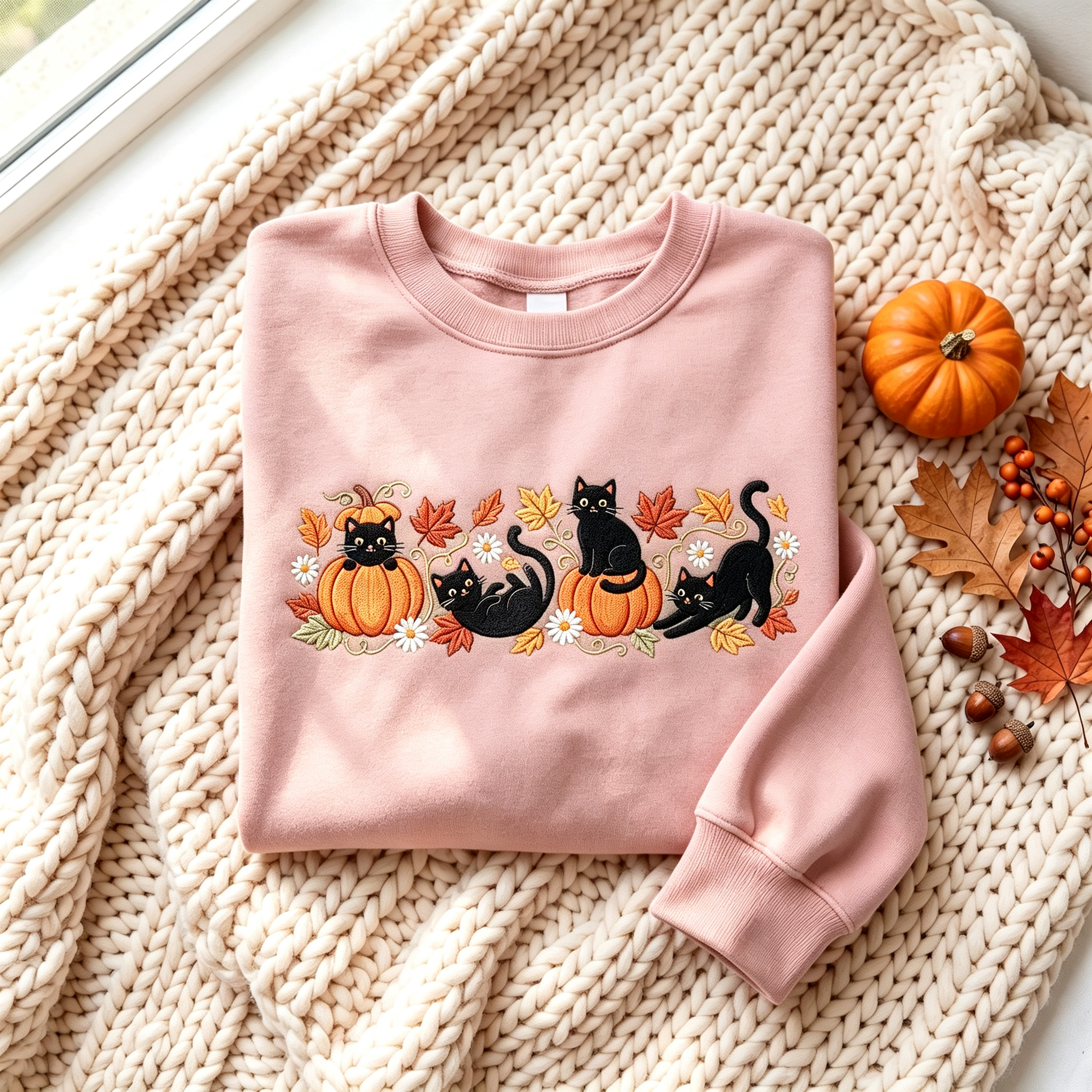 Halloween Black Cat Pumpkin Embroidered Sweatshirt
