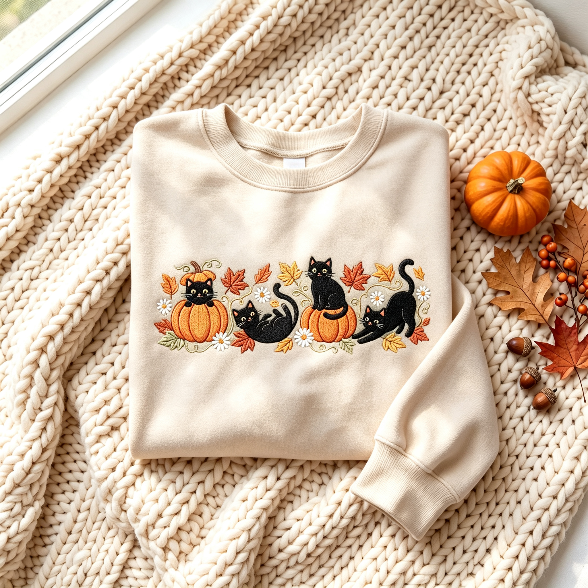 Halloween Black Cat Pumpkin Embroidered Sweatshirt