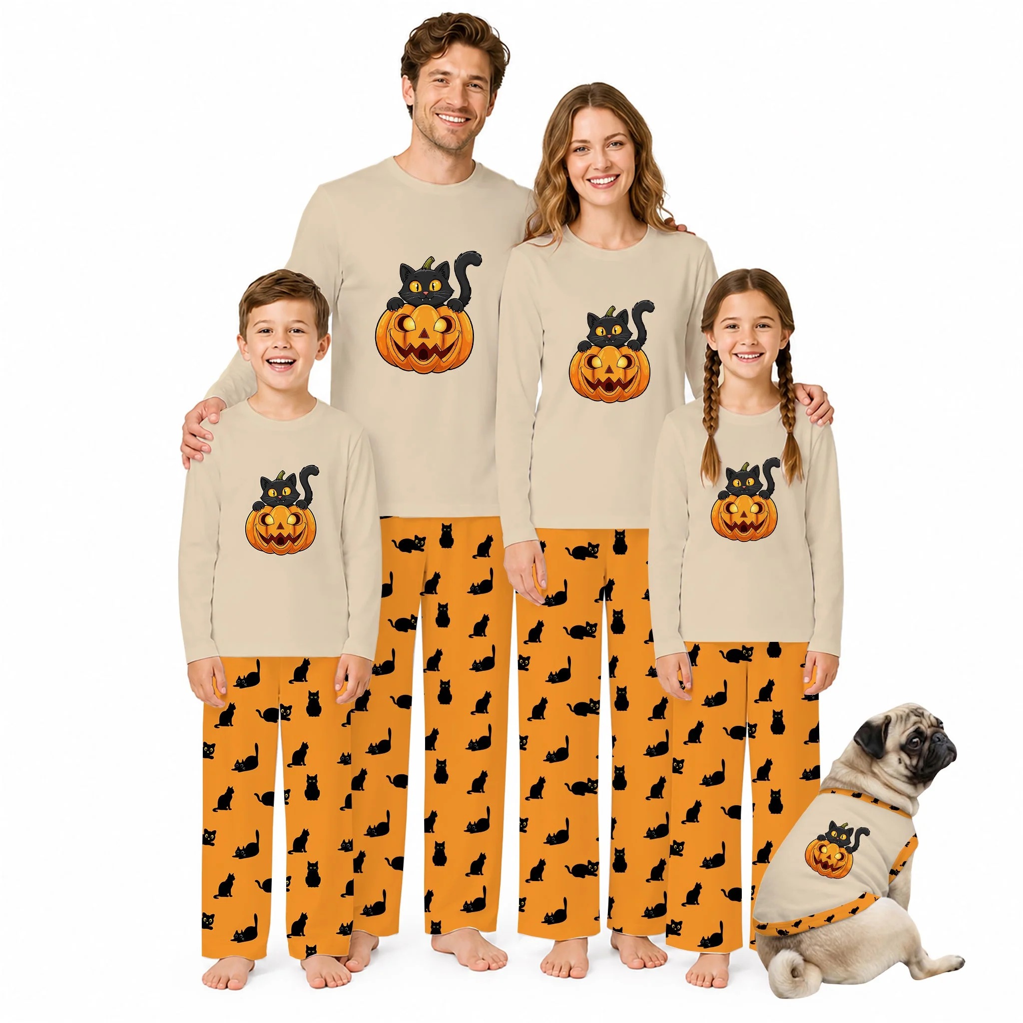 Halloween Black Cat Pumpkin Matching Family Pajamas Set