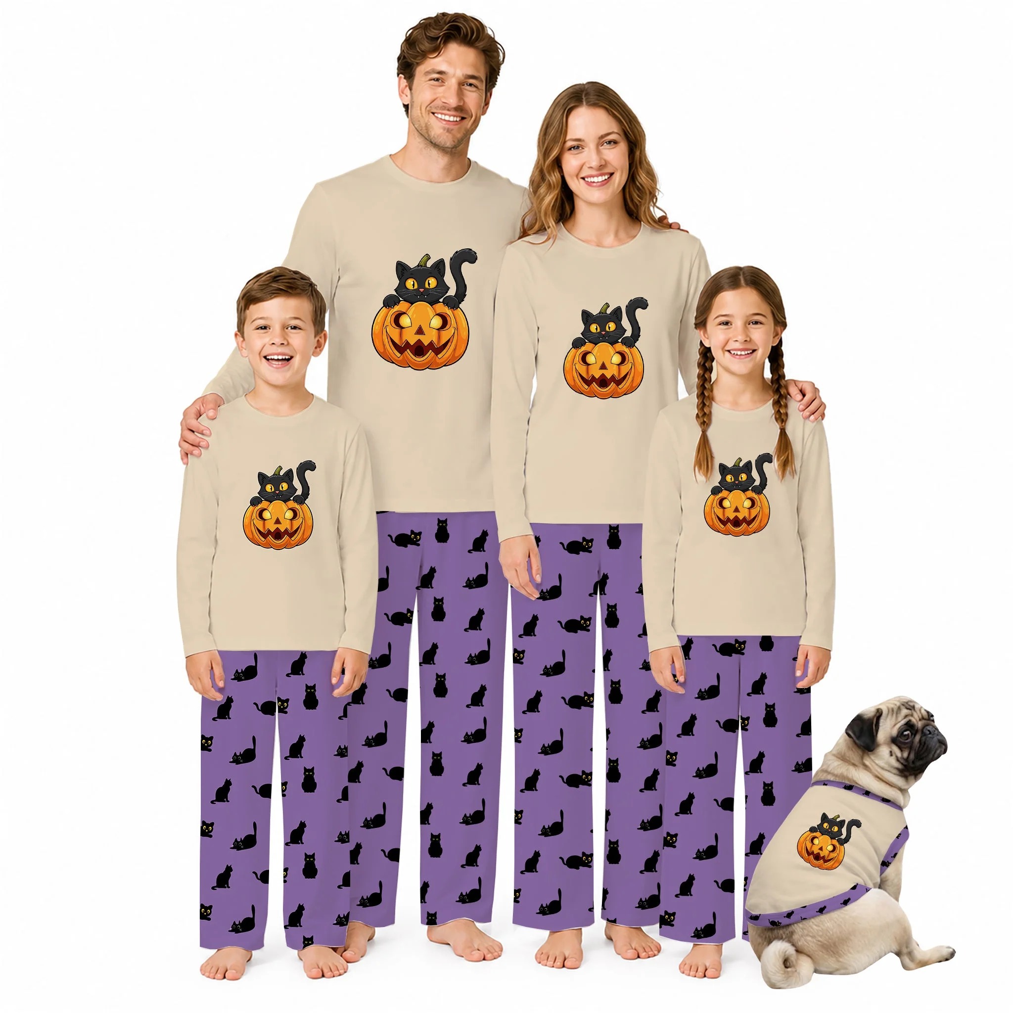 Halloween Black Cat Pumpkin Matching Family Pajamas Set