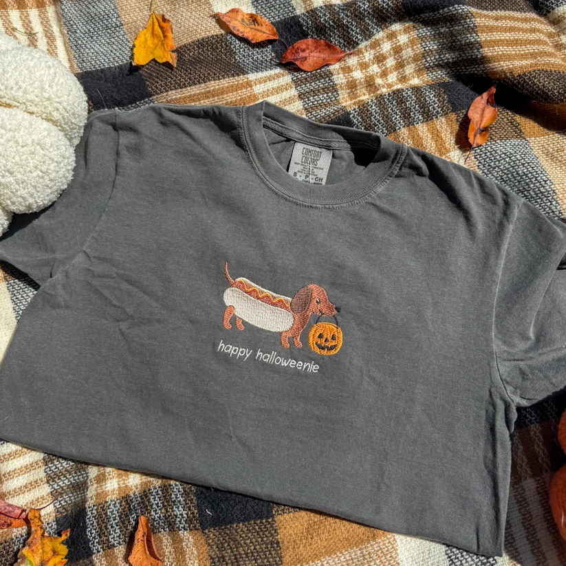 Happy Halloweenie Dachshund Embroidered T‑Shirt, Funny Halloween Wiener Dog Tee