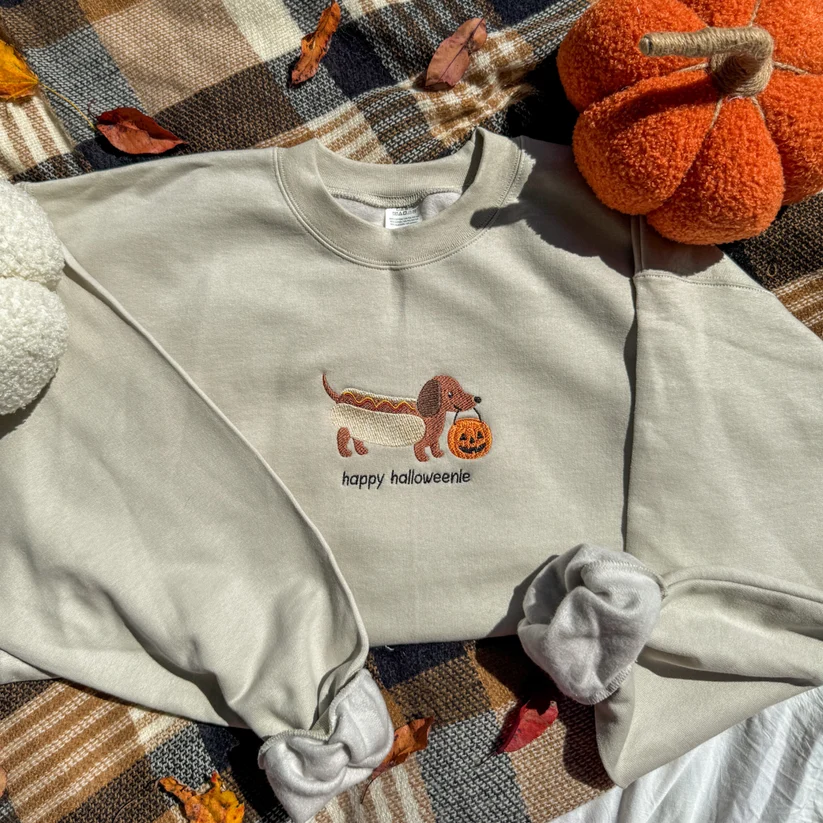 Happy Halloweenie Dachshund Embroidered T‑Shirt, Funny Halloween Wiener Dog Tee