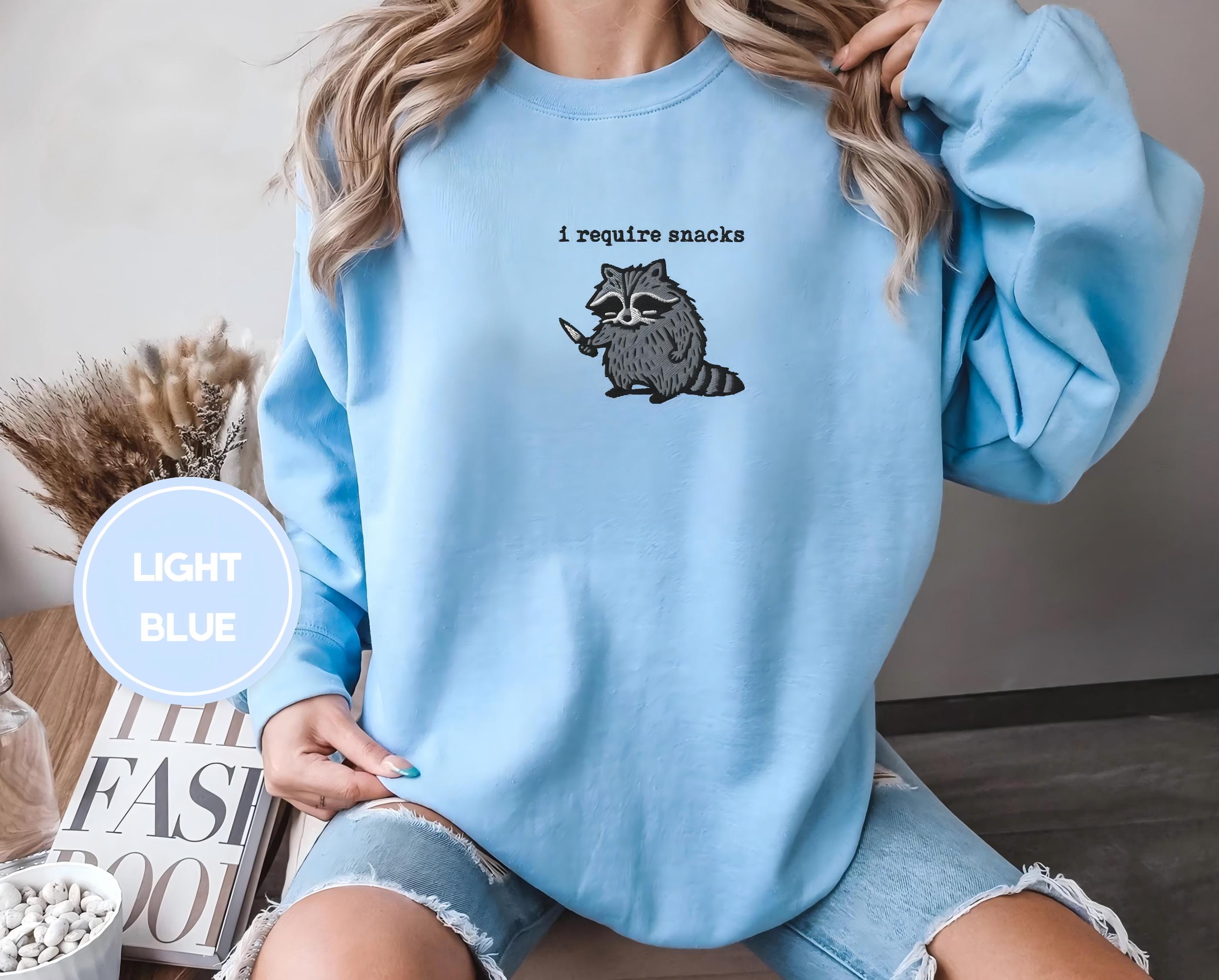 I require snacks sweatshirt, feral embroidered raccoon sweater