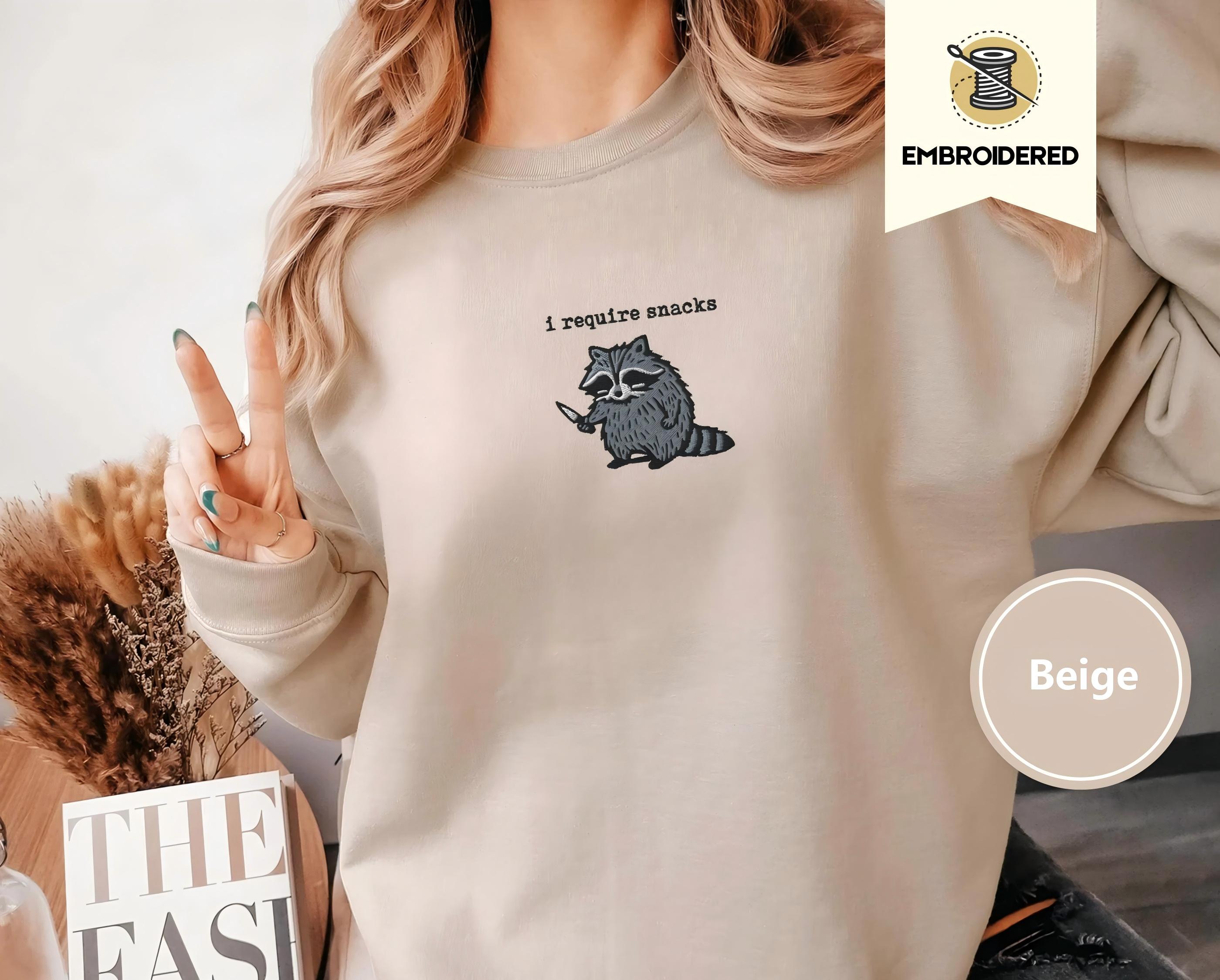 I require snacks sweatshirt, feral embroidered raccoon sweater