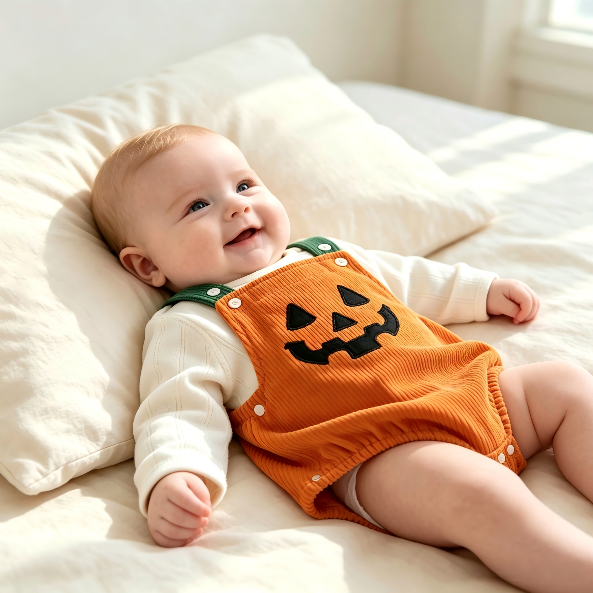 Infant Corduroy Pumpkin Halloween Romper  Jack‑o‑Lantern Baby Fall Costume Onesie