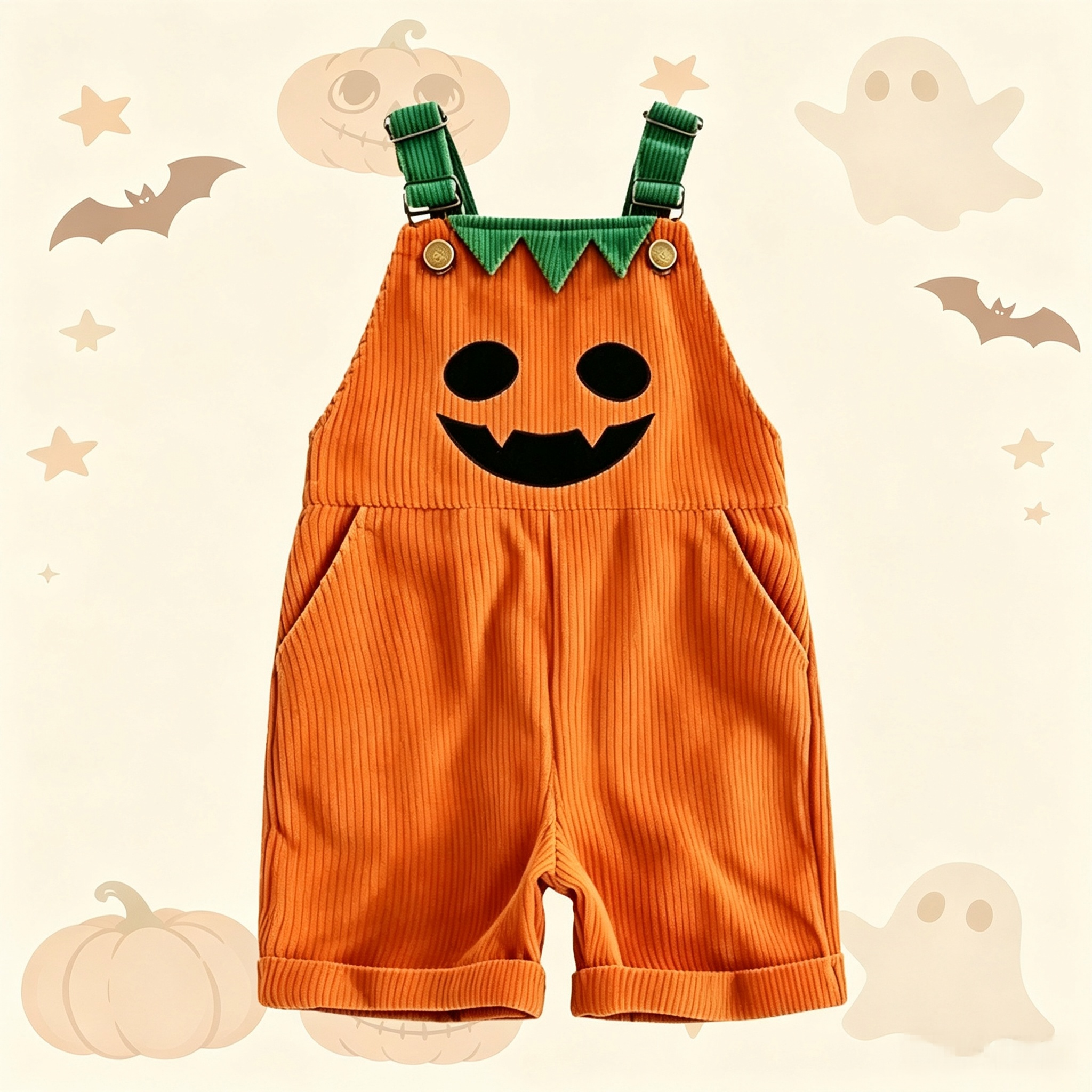 Kids Pumpkin Halloween Corduroy Short Overalls Onesie