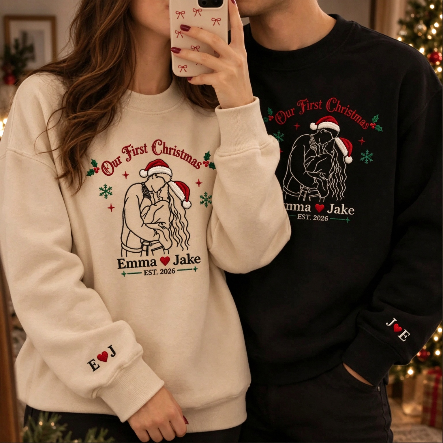 Our First Christmas Custom Couple Photo Embroidered Sweatshirt, Personalized Photo Matching Sweatshirts