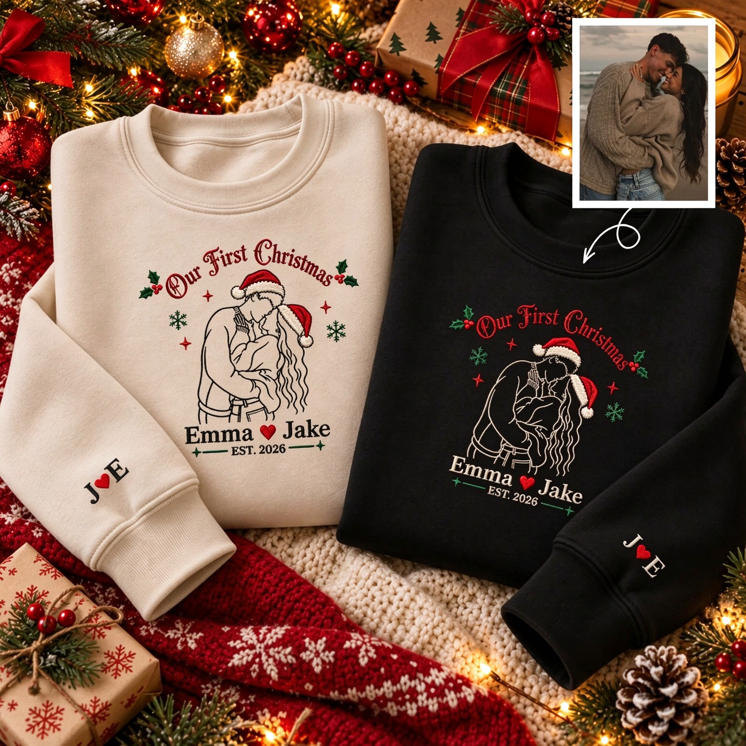Our First Christmas Custom Couple Photo Embroidered Sweatshirt, Personalized Photo Matching Sweatshirts