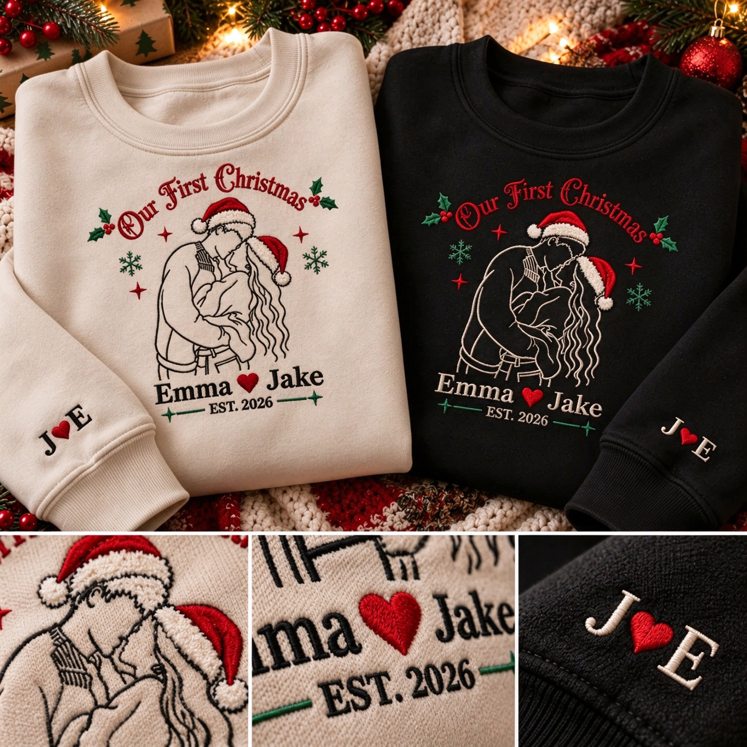 Our First Christmas Custom Couple Photo Embroidered Sweatshirt, Personalized Photo Matching Sweatshirts