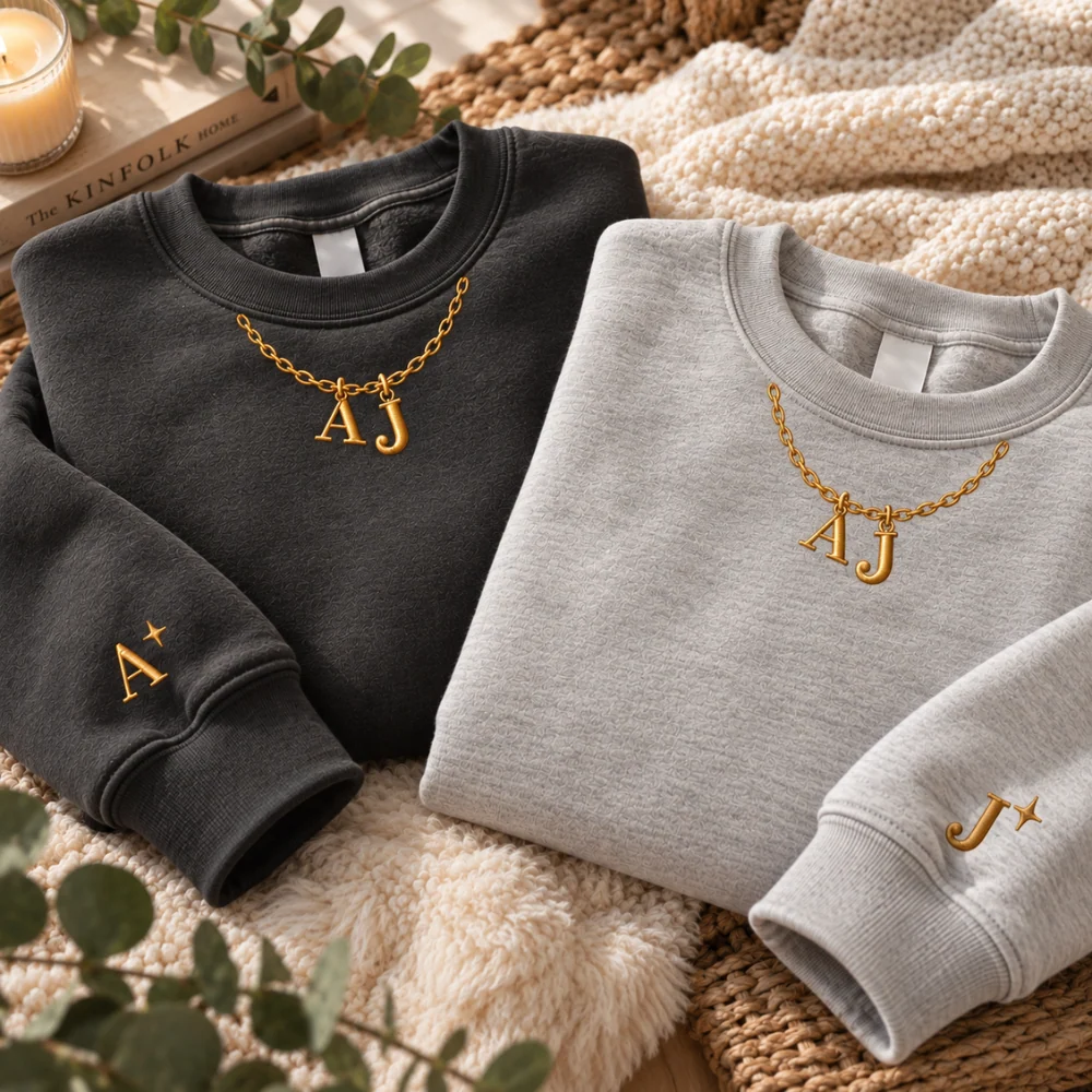 Our Initials Necklace Embroidered Sweatshirt – Personalized Matching Couple Sweatshirt