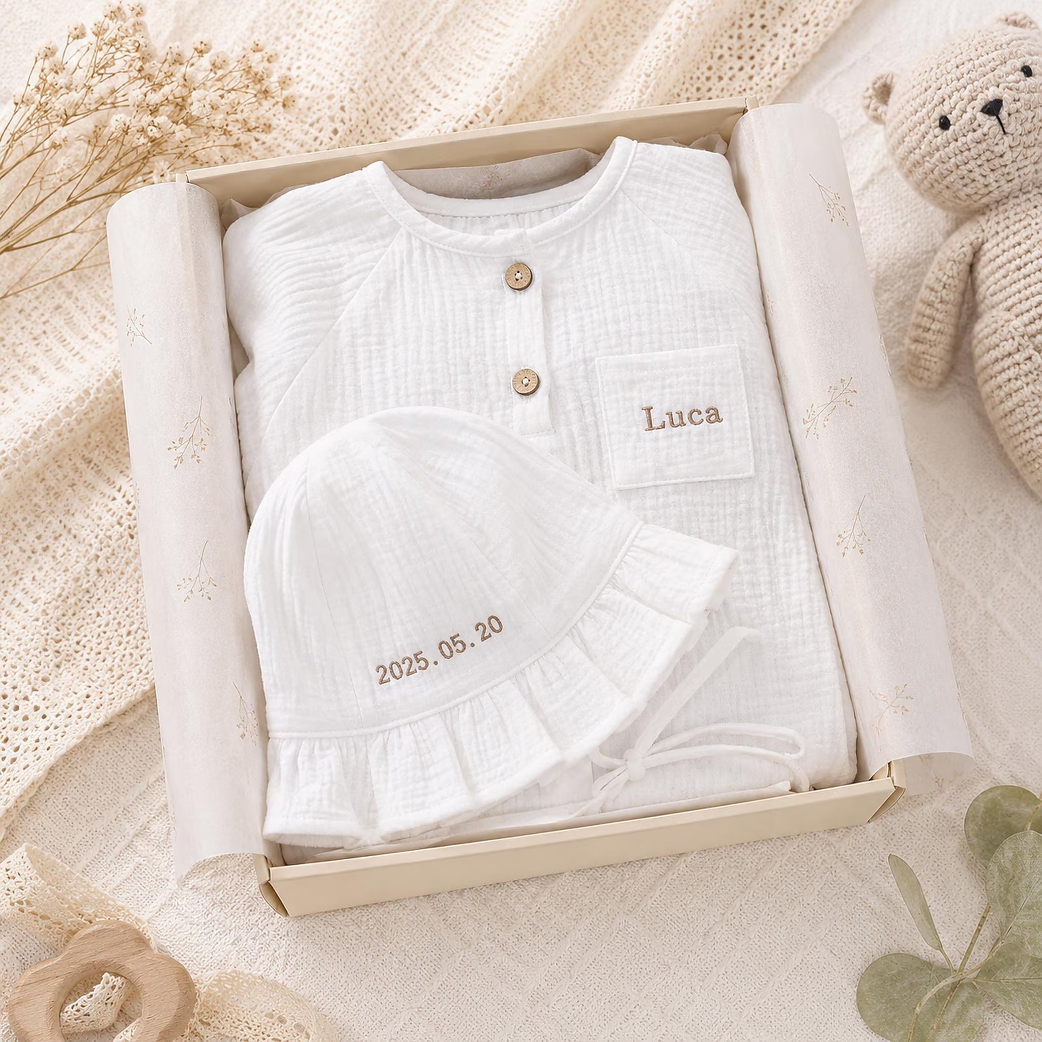 Personalized Baby Romper and Hat Set, Custom Name Embroidered Coming Home Outfit