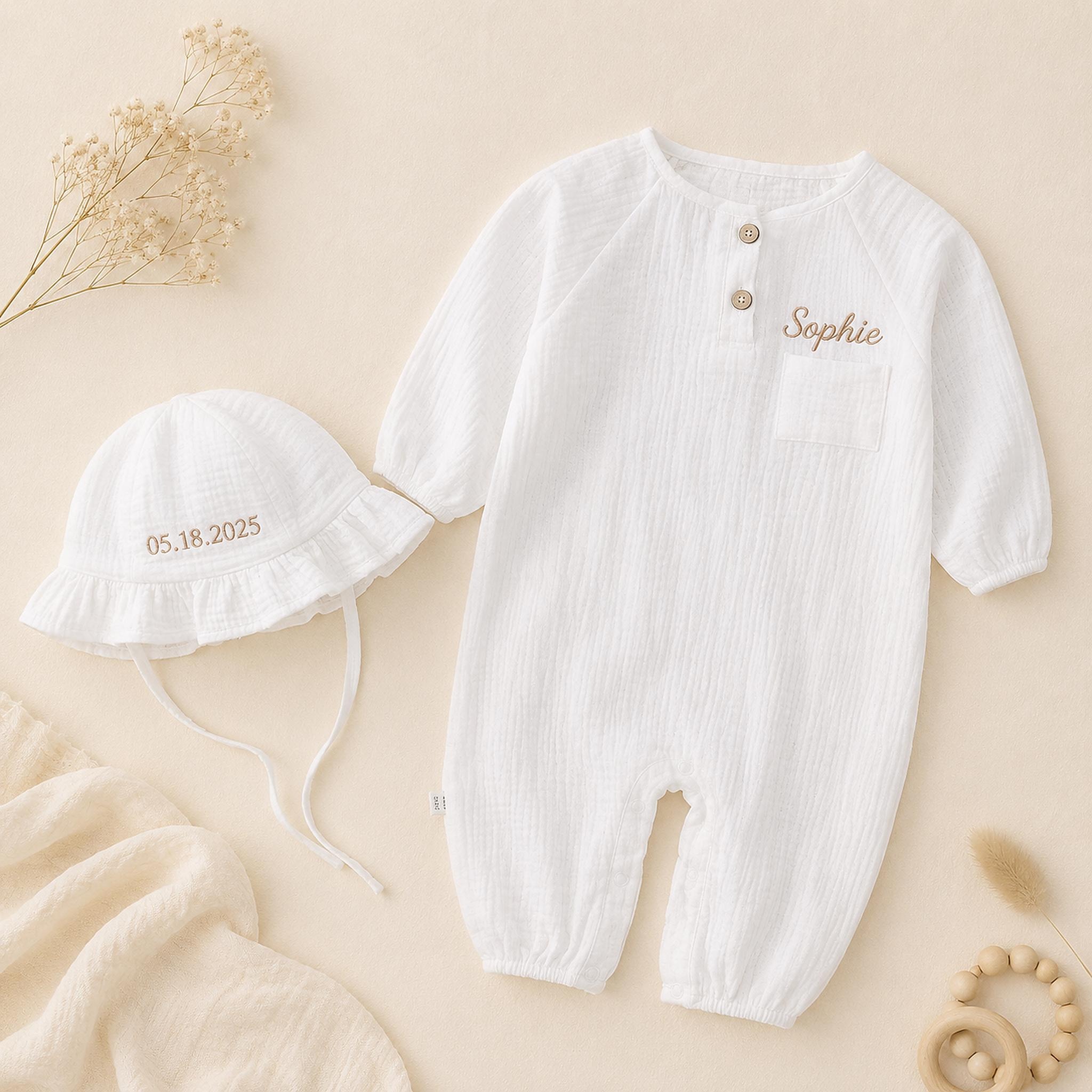 Personalized Baby Romper and Hat Set, Custom Name Embroidered Coming Home Outfit