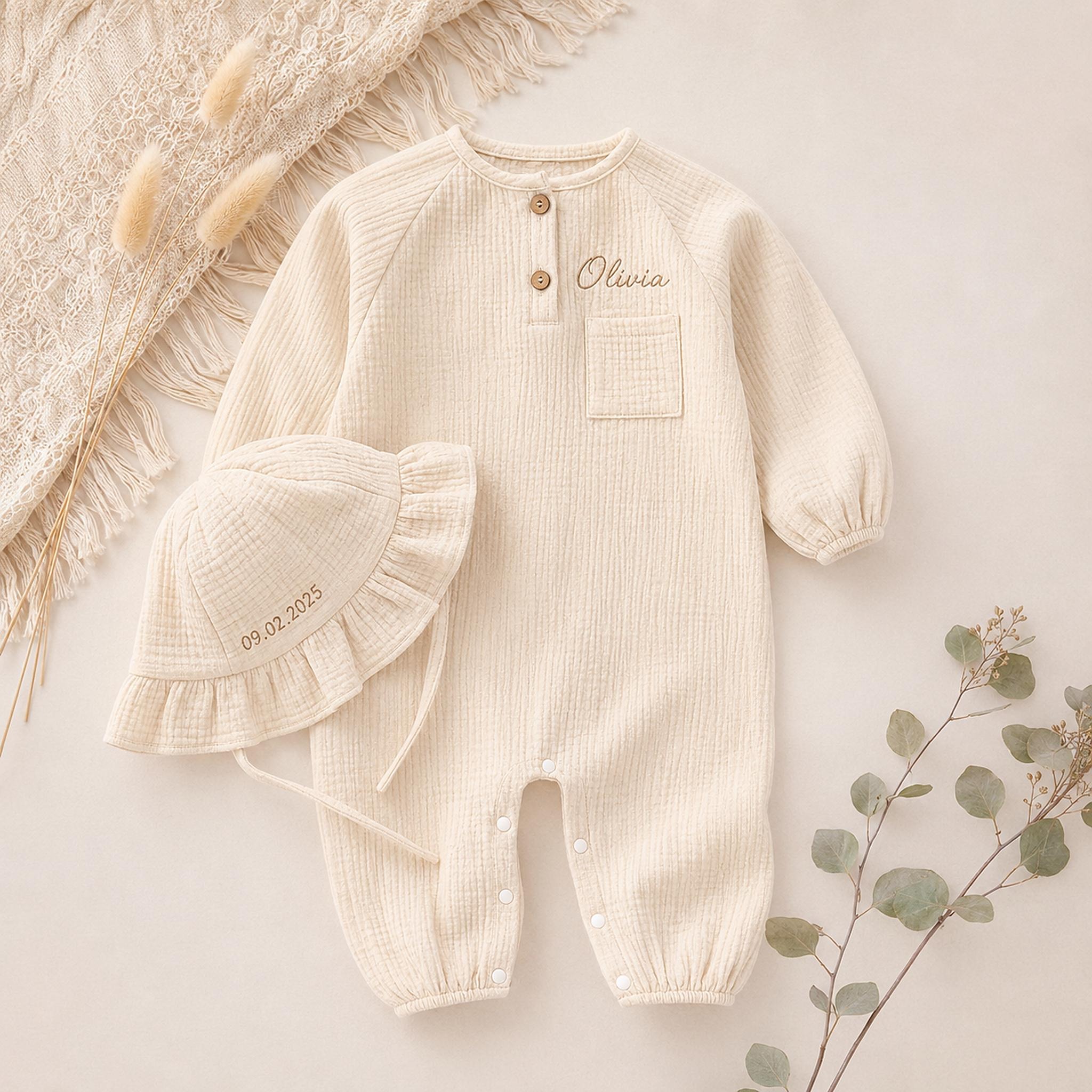 Personalized Baby Romper and Hat Set, Custom Name Embroidered Coming Home Outfit