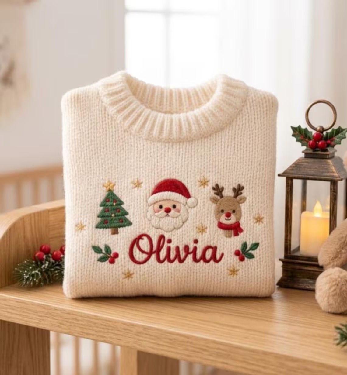 Personalized Custom Name Santa Reindeer Christmas Tree Embroidered Baby Sweater