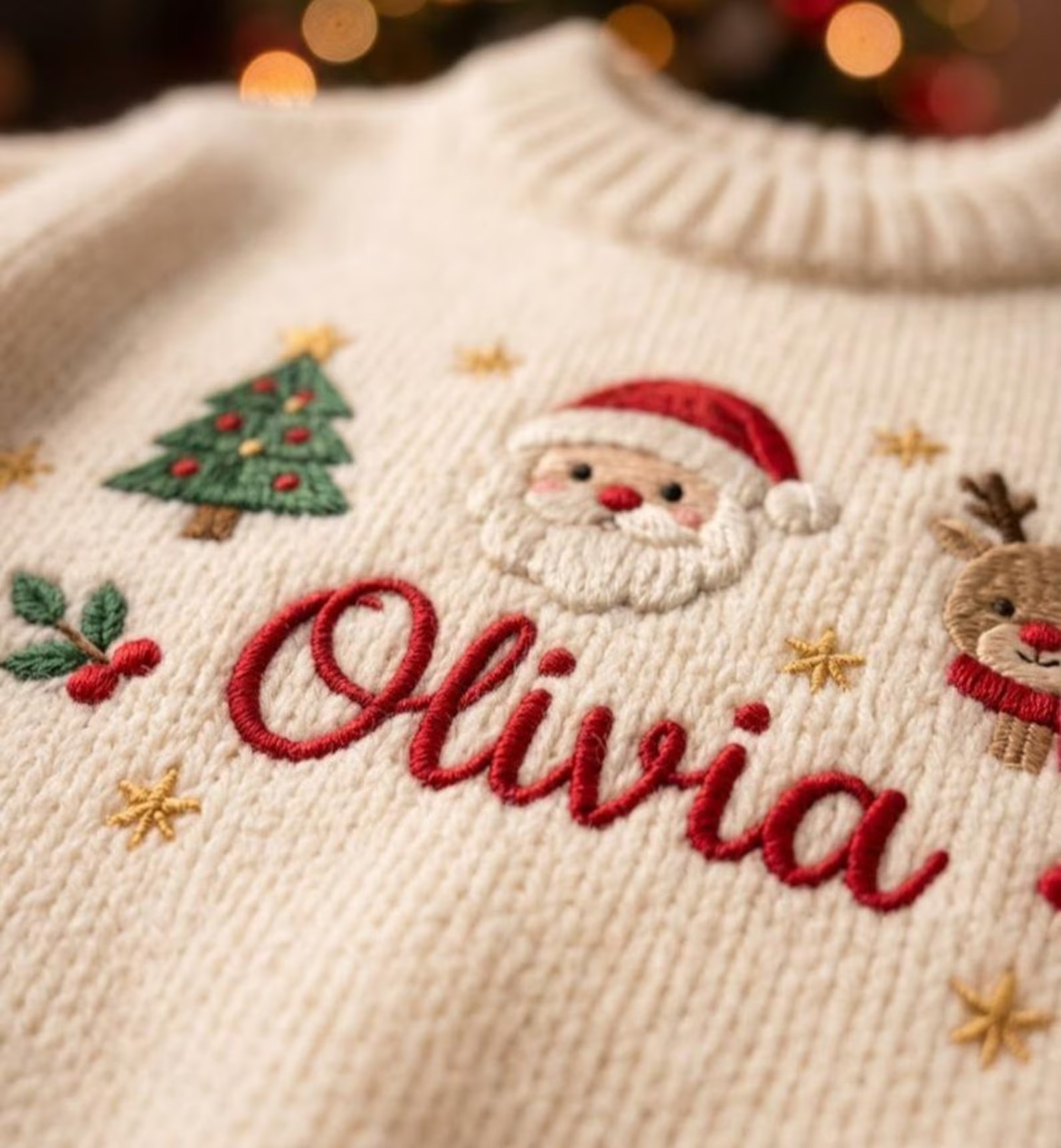 Personalized Custom Name Santa Reindeer Christmas Tree Embroidered Baby Sweater