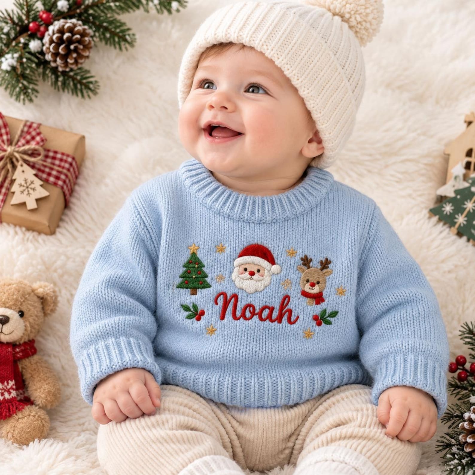 Personalized Custom Name Santa Reindeer Christmas Tree Embroidered Baby Sweater