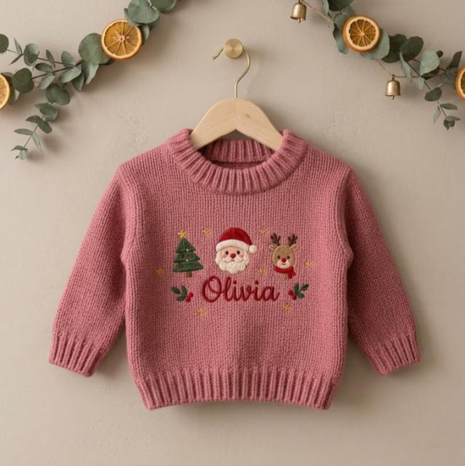 Personalized Custom Name Santa Reindeer Christmas Tree Embroidered Baby Sweater