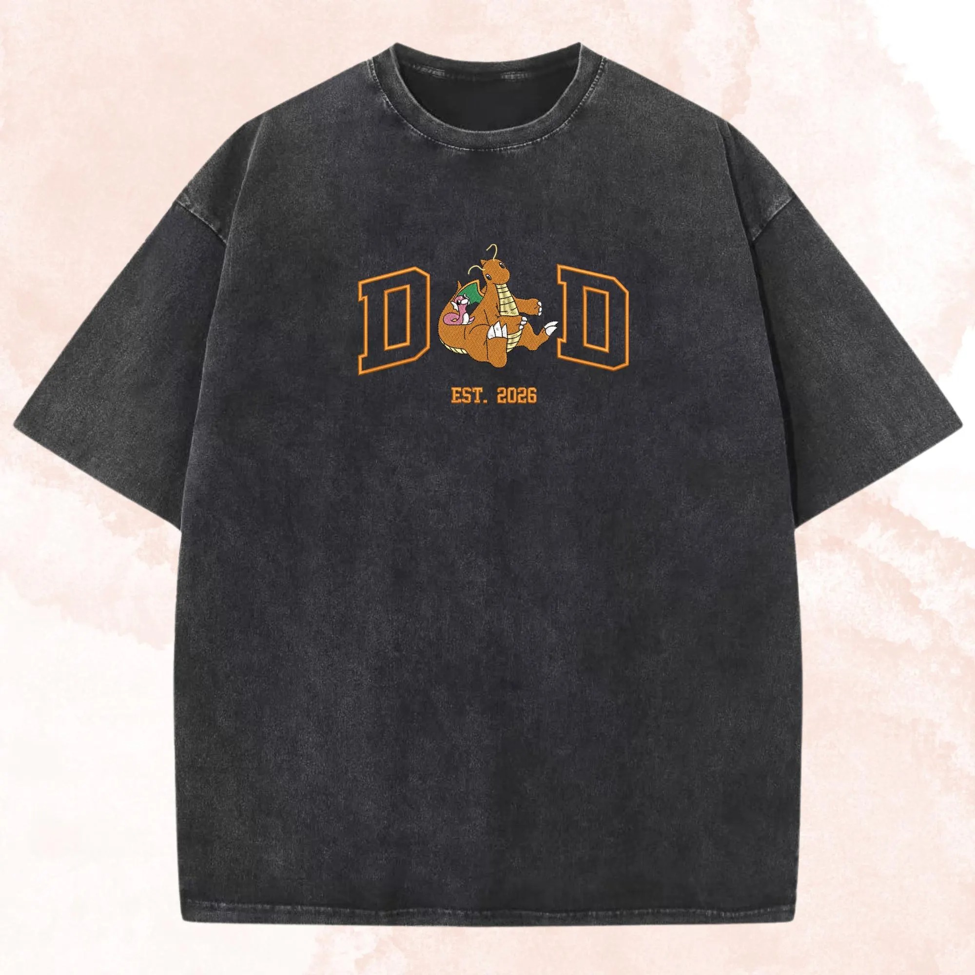 Personalized Dad PKM Embroidered Washed Shirt, Custom Anime Characters Embroidery, Pokedad Unisex Cotton Shirt