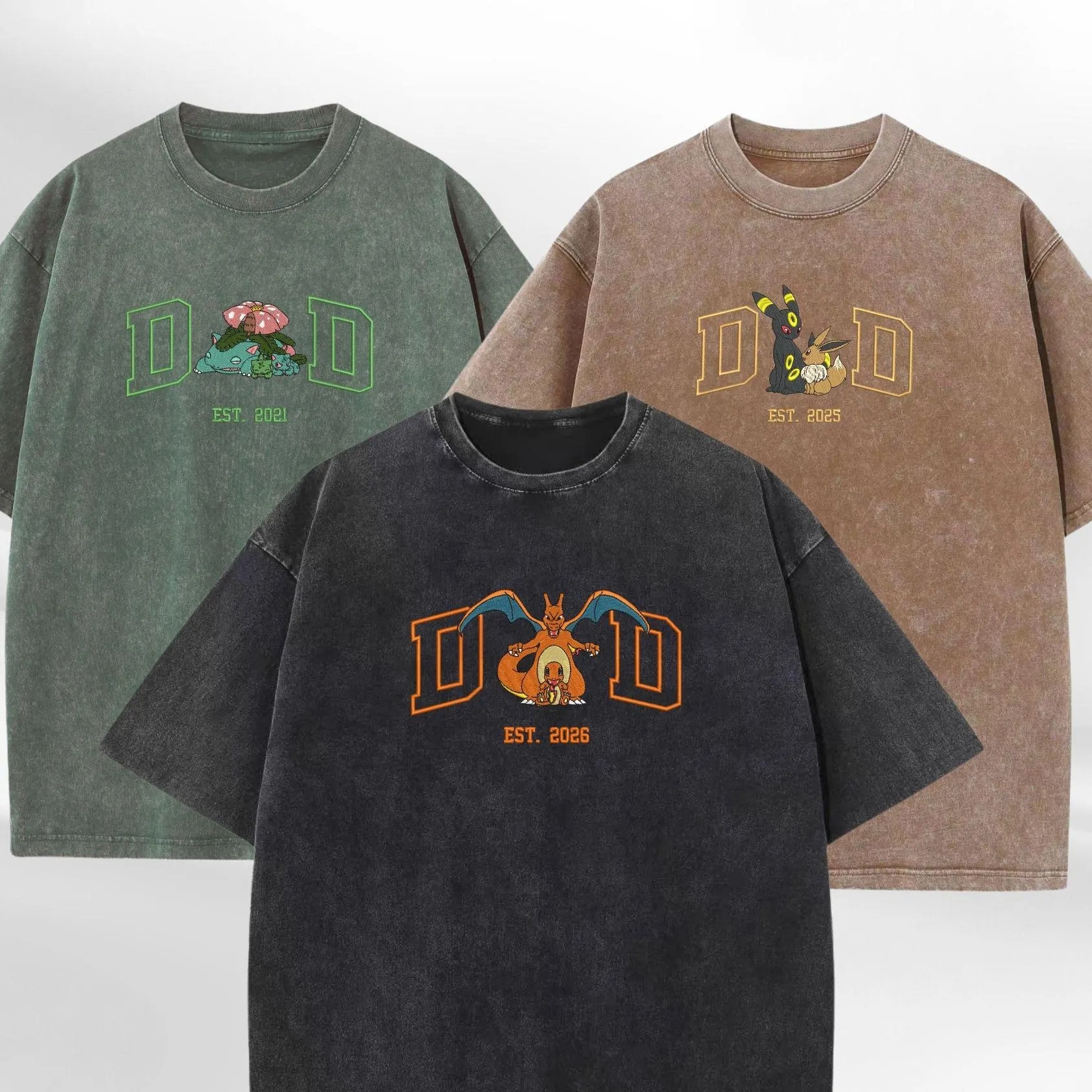 Personalized Dad PKM Embroidered Washed Shirt, Custom Anime Characters Embroidery, Pokedad Unisex Cotton Shirt