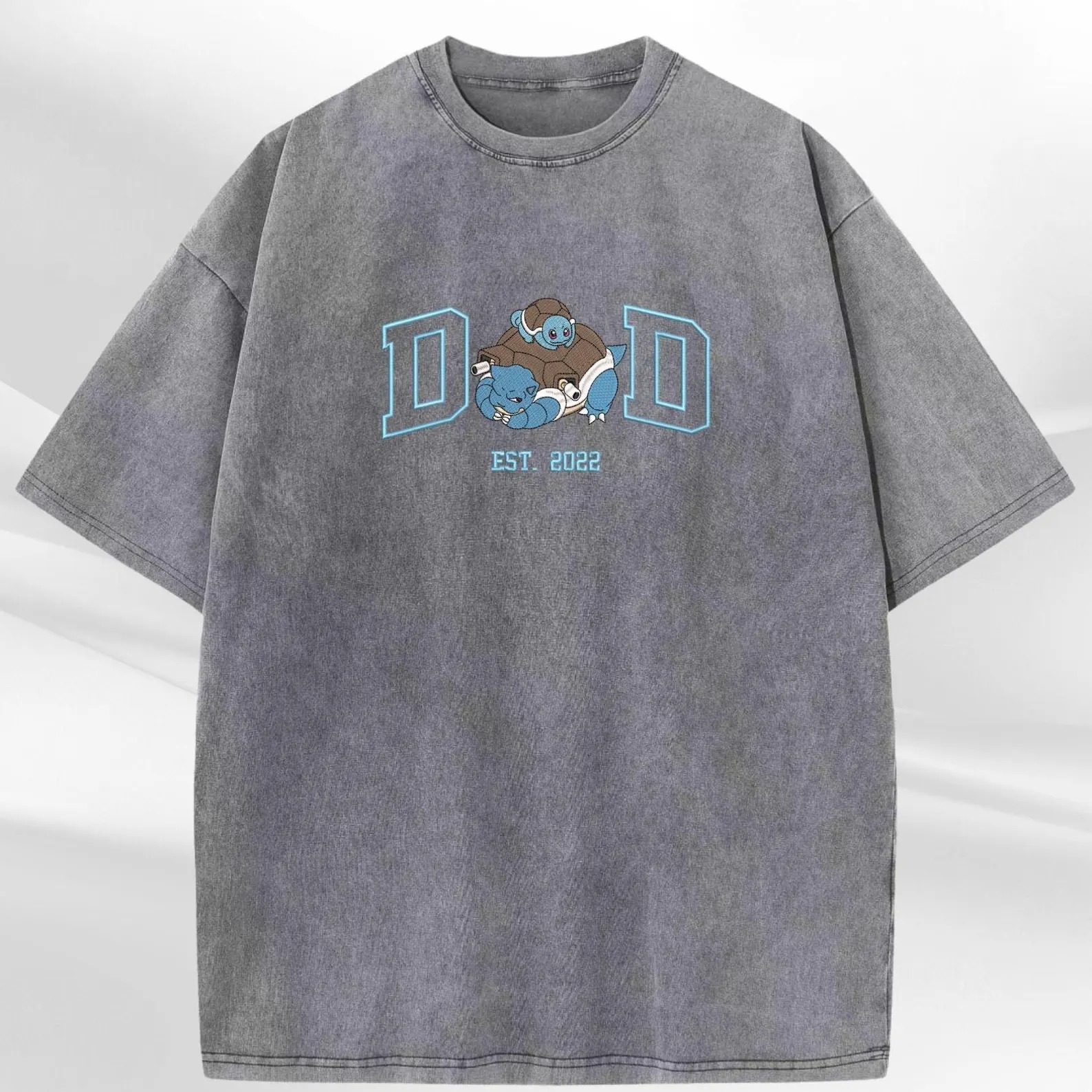 Personalized Dad PKM Embroidered Washed Shirt, Custom Anime Characters Embroidery, Pokedad Unisex Cotton Shirt