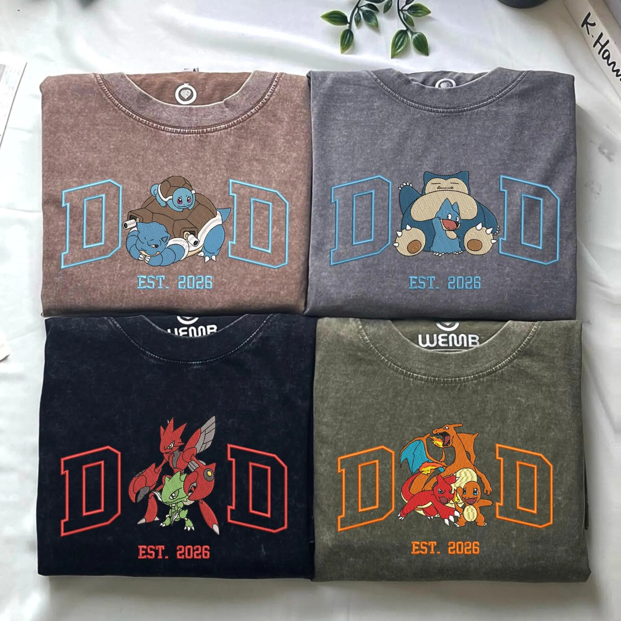 Personalized Dad PKM Embroidered Washed Shirt, Custom Anime Characters Embroidery, Pokedad Unisex Cotton Shirt