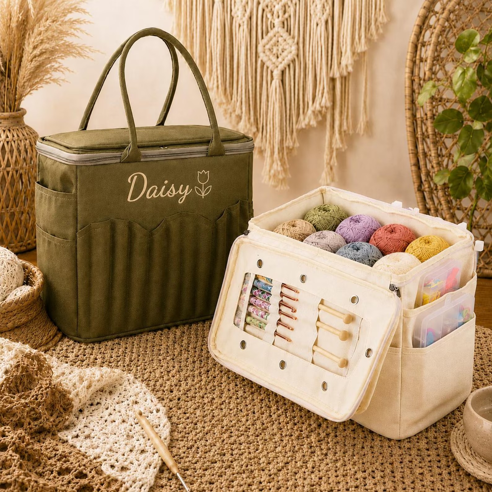 Personalized Embroidered Canvas Knitting Bag,Birth Flower Crochet Bag,Yarn Storage,Crochet Project Bag,Crochet Hook Holder,Gift For knitter