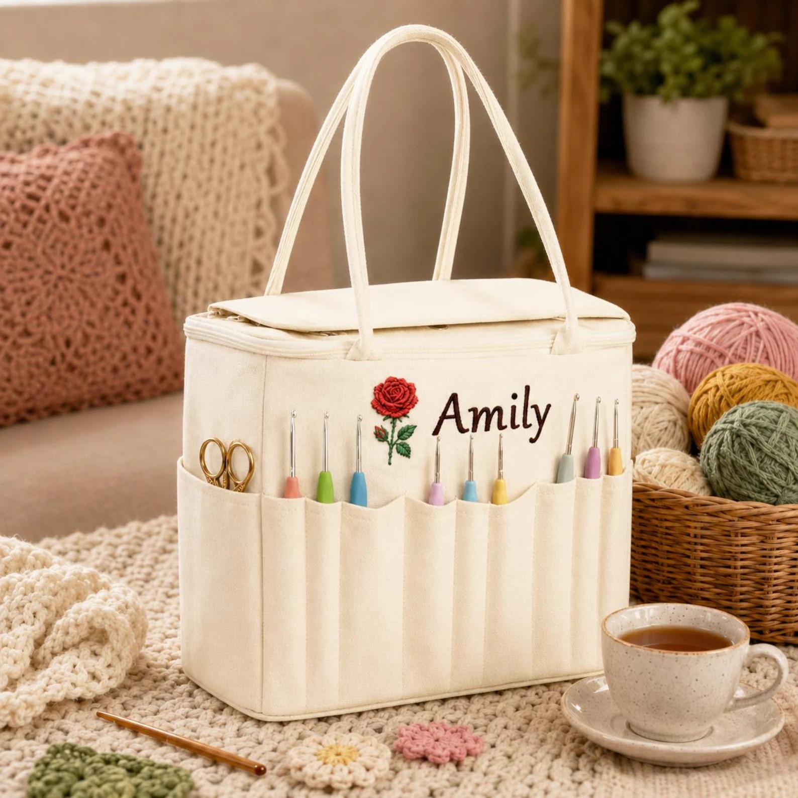 Personalized Embroidered Canvas Knitting Bag,Birth Flower Crochet Bag,Yarn Storage,Crochet Project Bag,Crochet Hook Holder,Gift For knitter