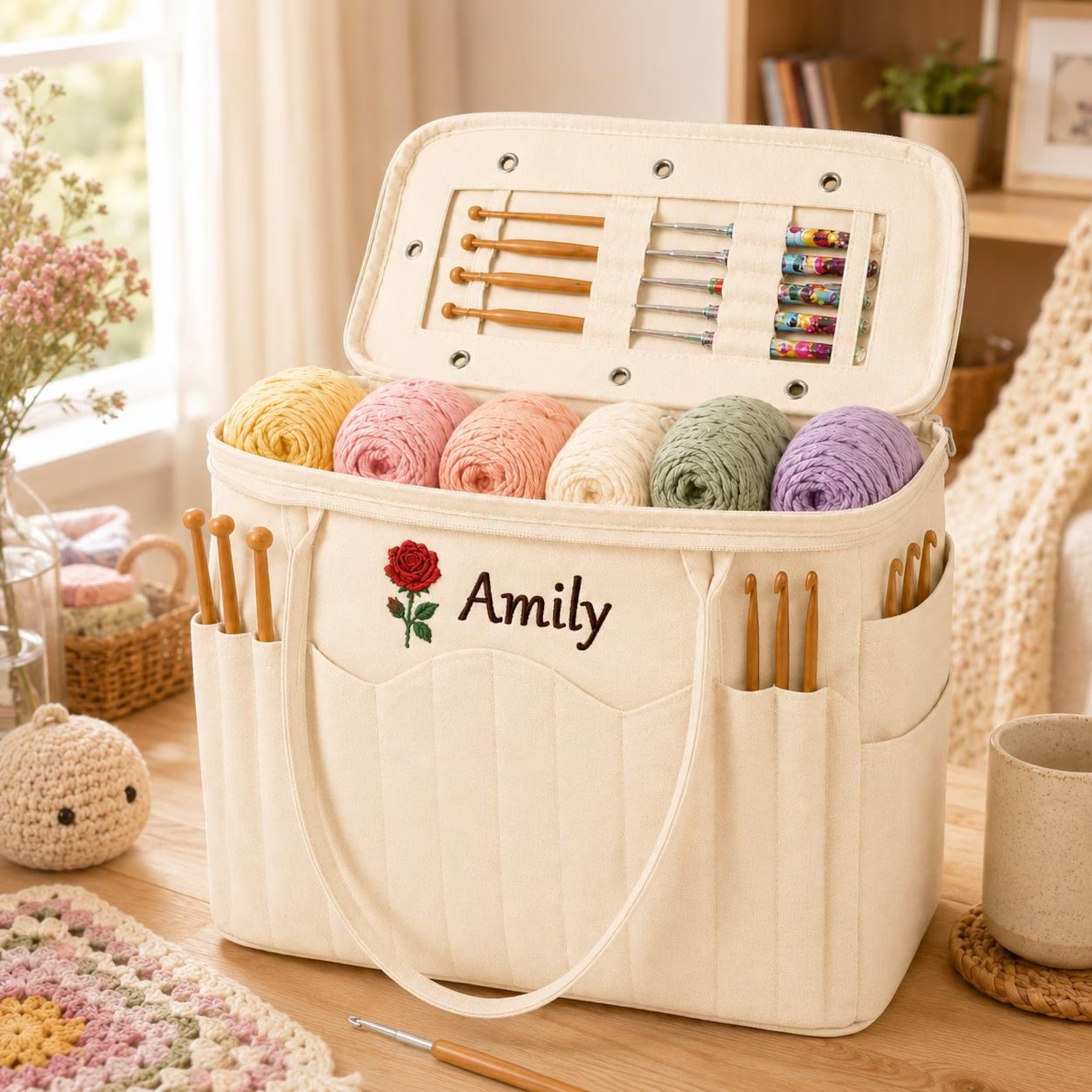 Personalized Embroidered Canvas Knitting Bag,Birth Flower Crochet Bag,Yarn Storage,Crochet Project Bag,Crochet Hook Holder,Gift For knitter