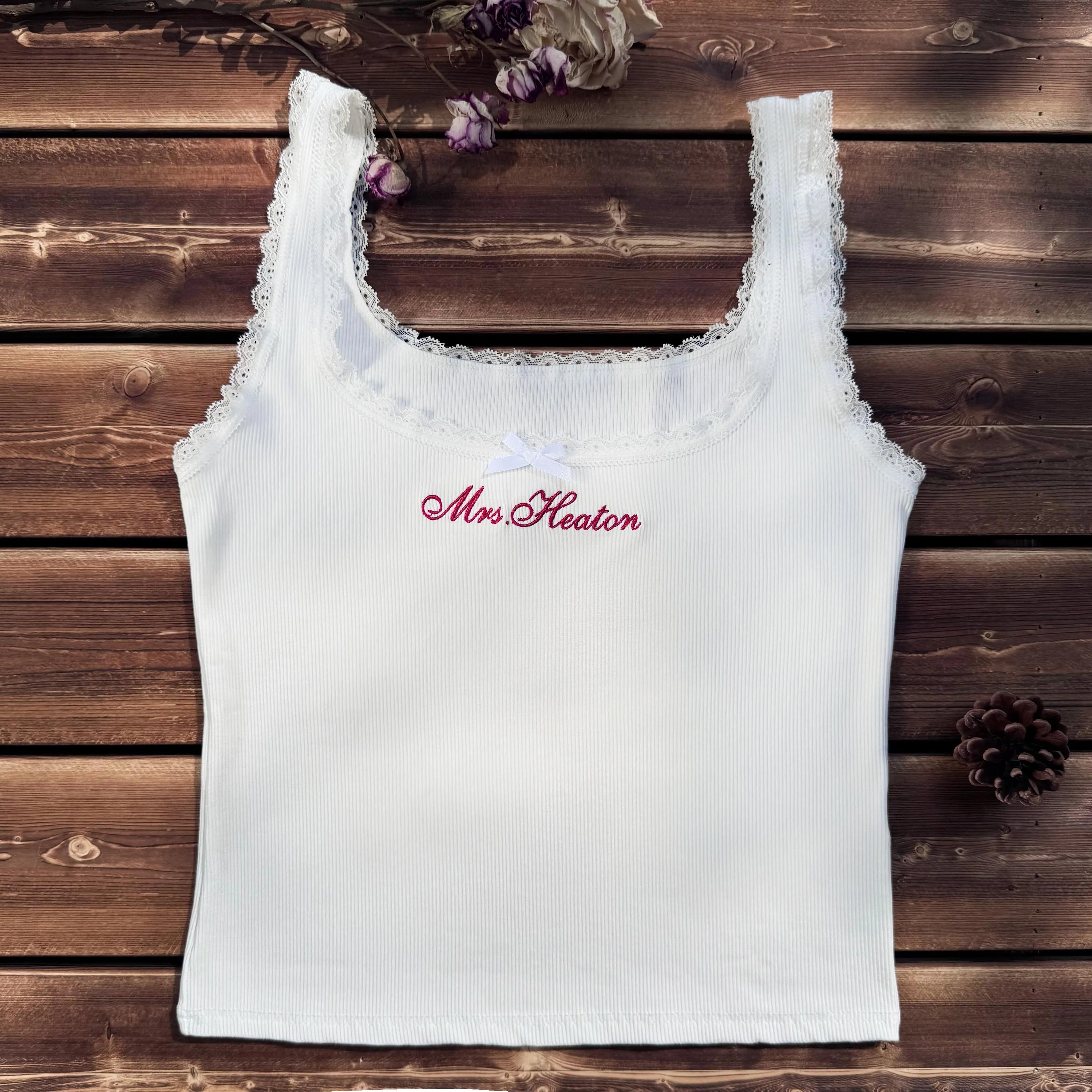 Personalized Embroidered Lace Tank Top, Custom Embroidery Modal Tank Bridal Shower Gift