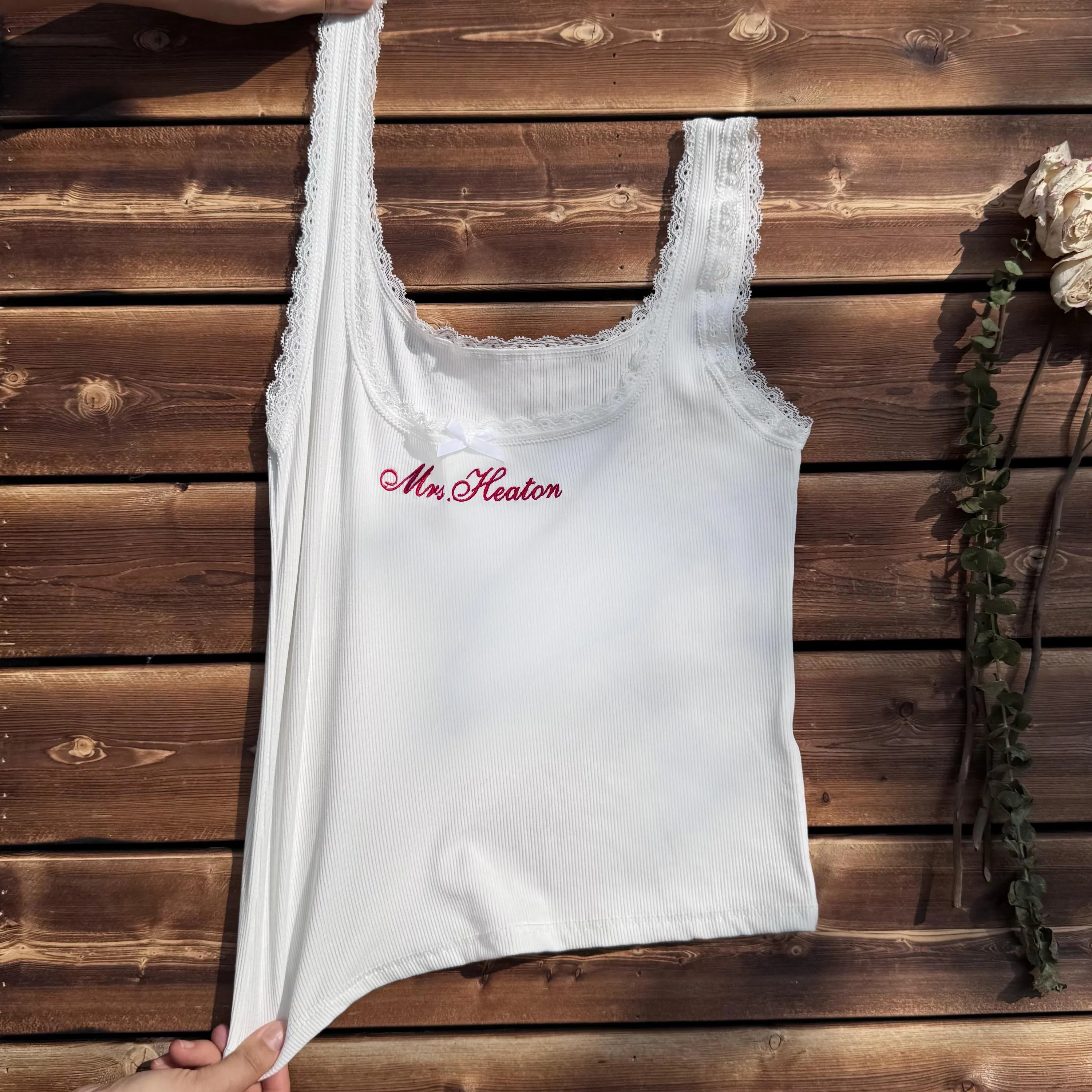 Personalized Embroidered Lace Tank Top, Custom Embroidery Modal Tank Bridal Shower Gift
