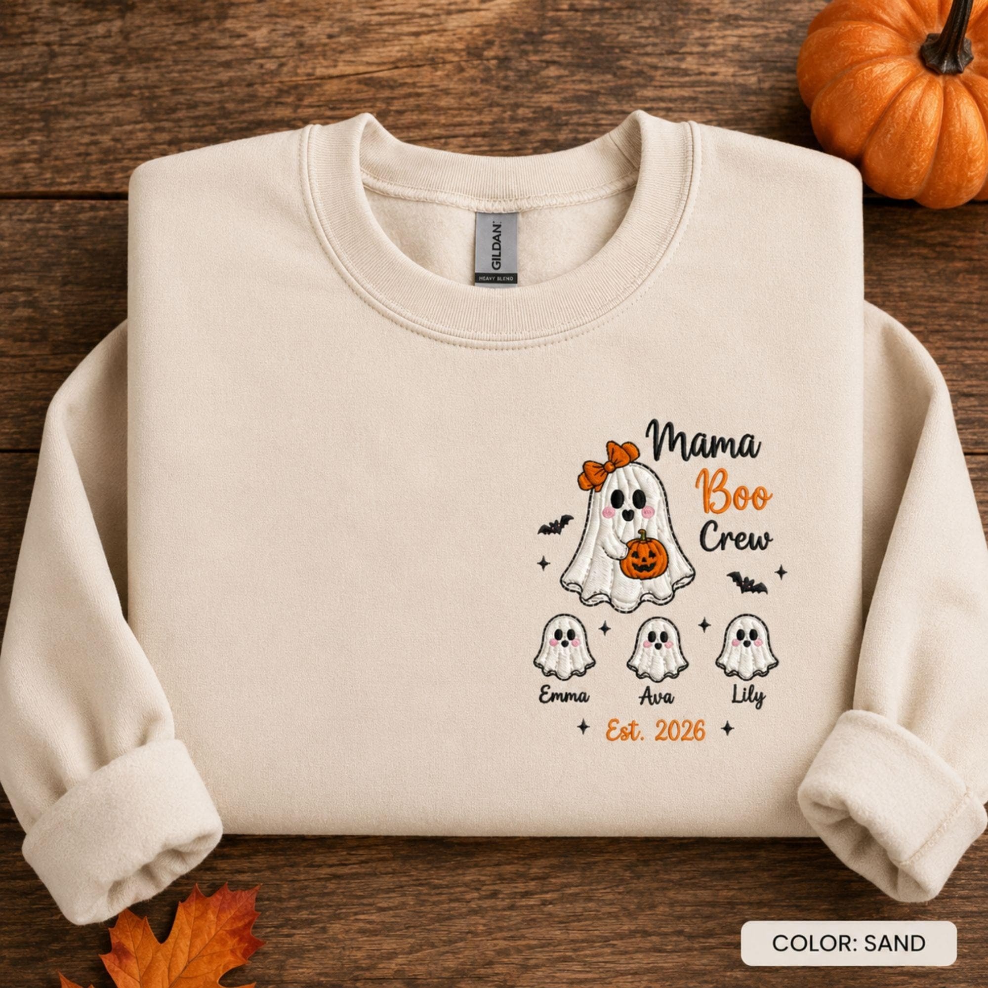 Personalized Embroidered Mama Boo Crew Sweatshirt, Custom Kids Names Halloween Gildan Crewneck, Ghost Mom Shirt, Halloween Group Tee
