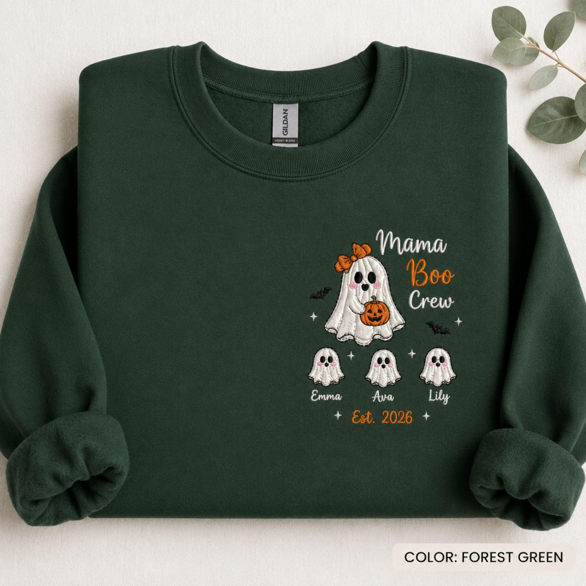 Personalized Embroidered Mama Boo Crew Sweatshirt, Custom Kids Names Halloween Gildan Crewneck, Ghost Mom Shirt, Halloween Group Tee