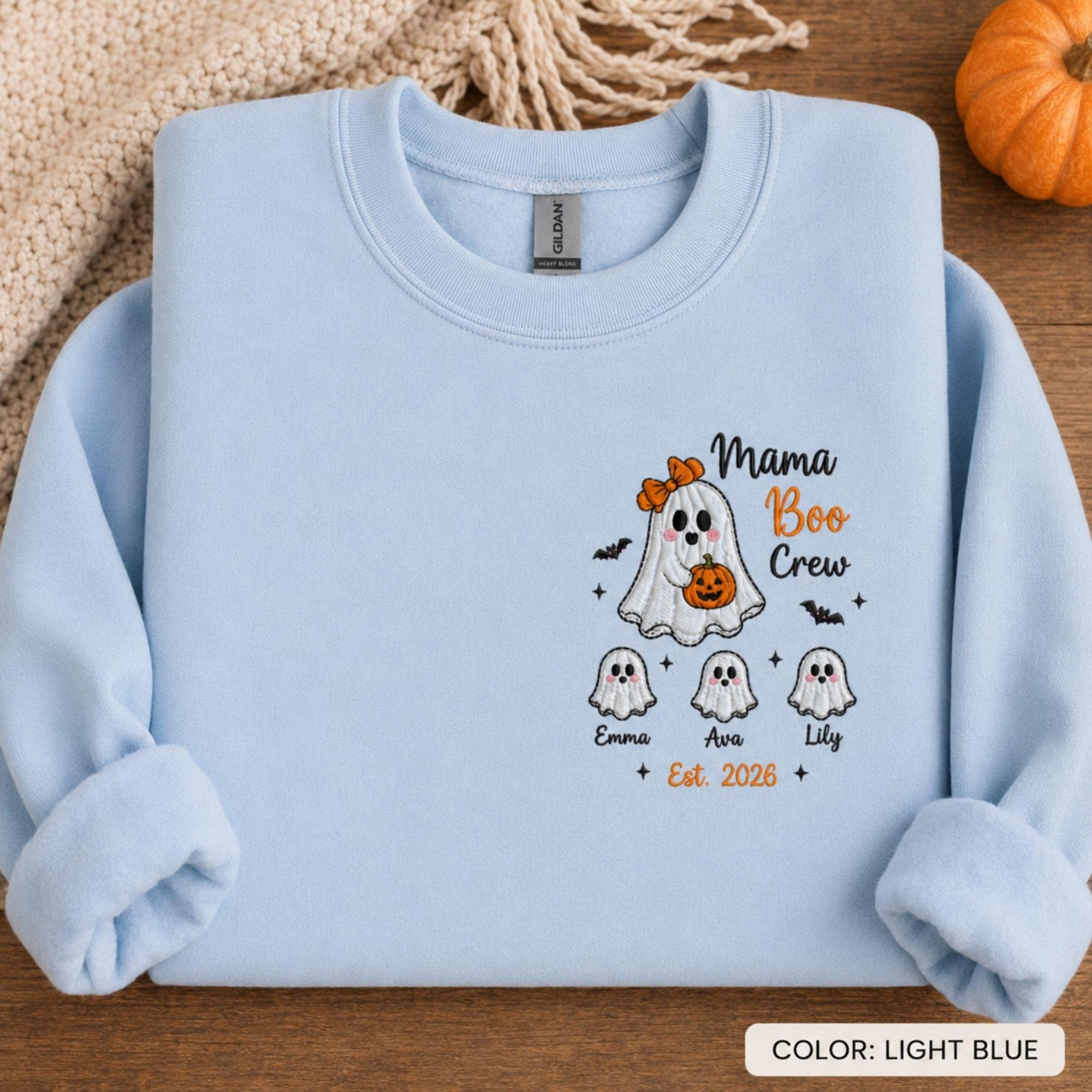 Personalized Embroidered Mama Boo Crew Sweatshirt, Custom Kids Names Halloween Gildan Crewneck, Ghost Mom Shirt, Halloween Group Tee