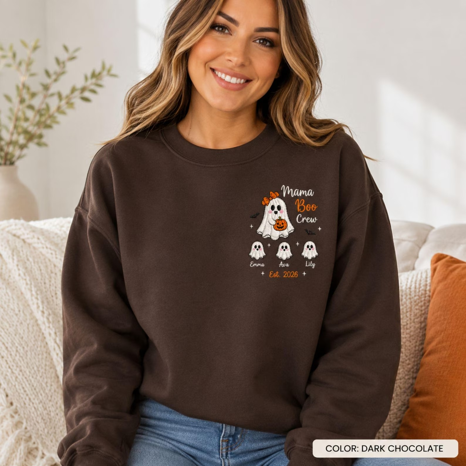 Personalized Embroidered Mama Boo Crew Sweatshirt, Custom Kids Names Halloween Gildan Crewneck, Ghost Mom Shirt, Halloween Group Tee