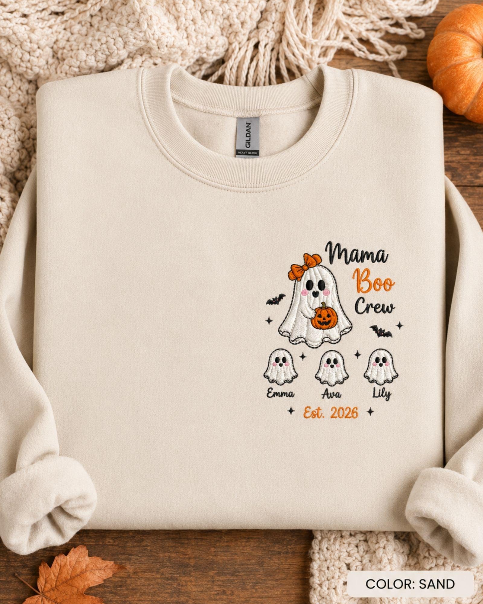 Personalized Embroidered Mama Boo Crew Sweatshirt, Custom Kids Names Halloween Gildan Crewneck, Ghost Mom Shirt, Halloween Group Tee