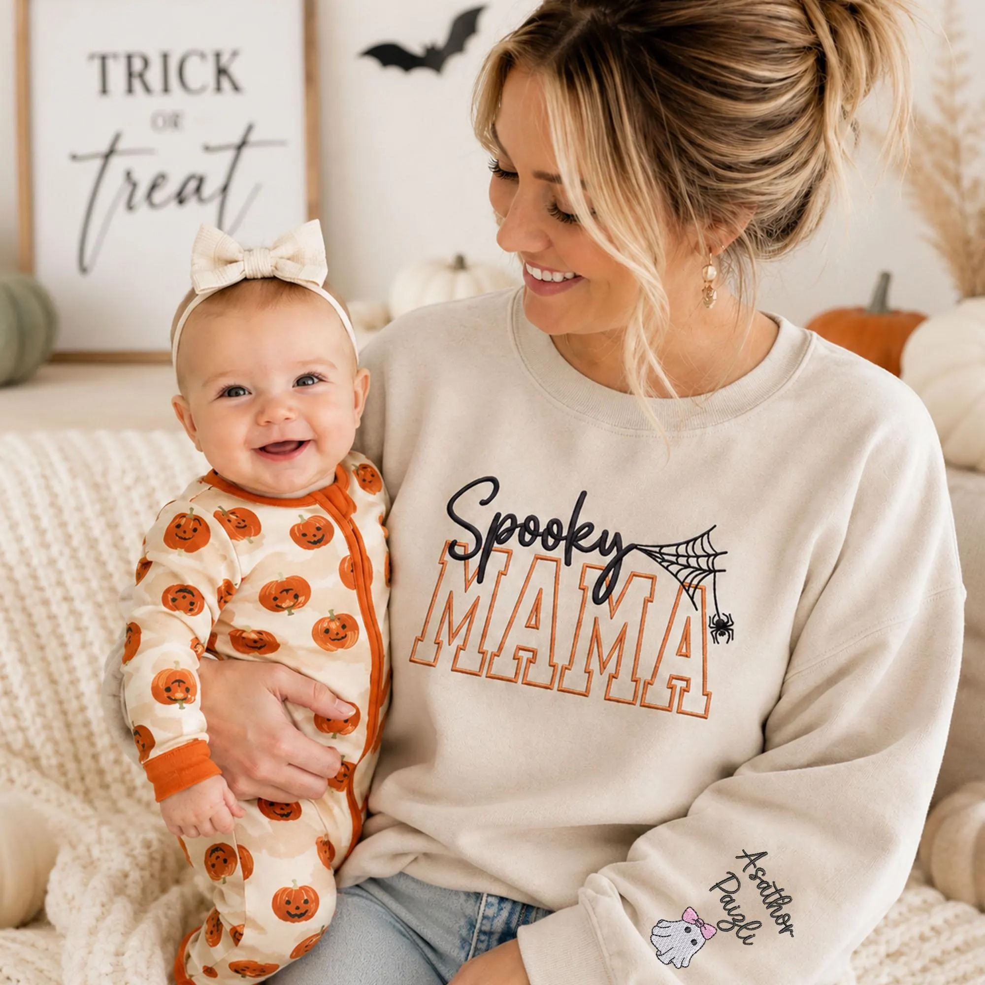 Personalized Embroidered Spooky Mama Sweatshirt, Halloween Mama Crewneck with Kids Names, Spider Web Mama Shirt, Halloween Gift for Mom