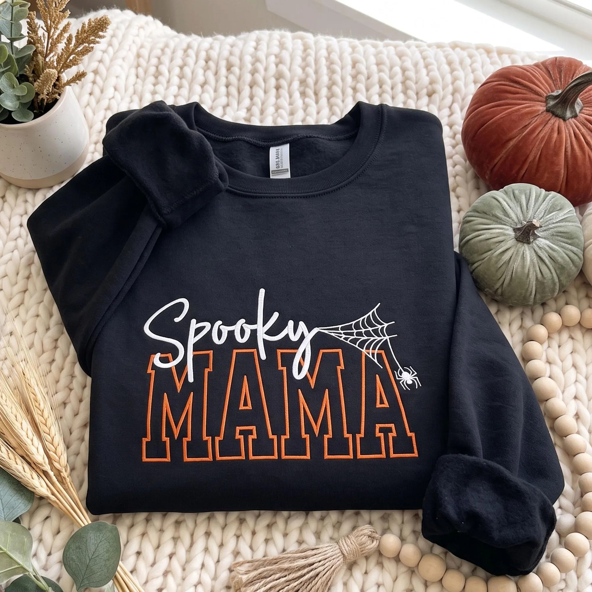 Personalized Embroidered Spooky Mama Sweatshirt, Halloween Mama Crewneck with Kids Names, Spider Web Mama Shirt, Halloween Gift for Mom