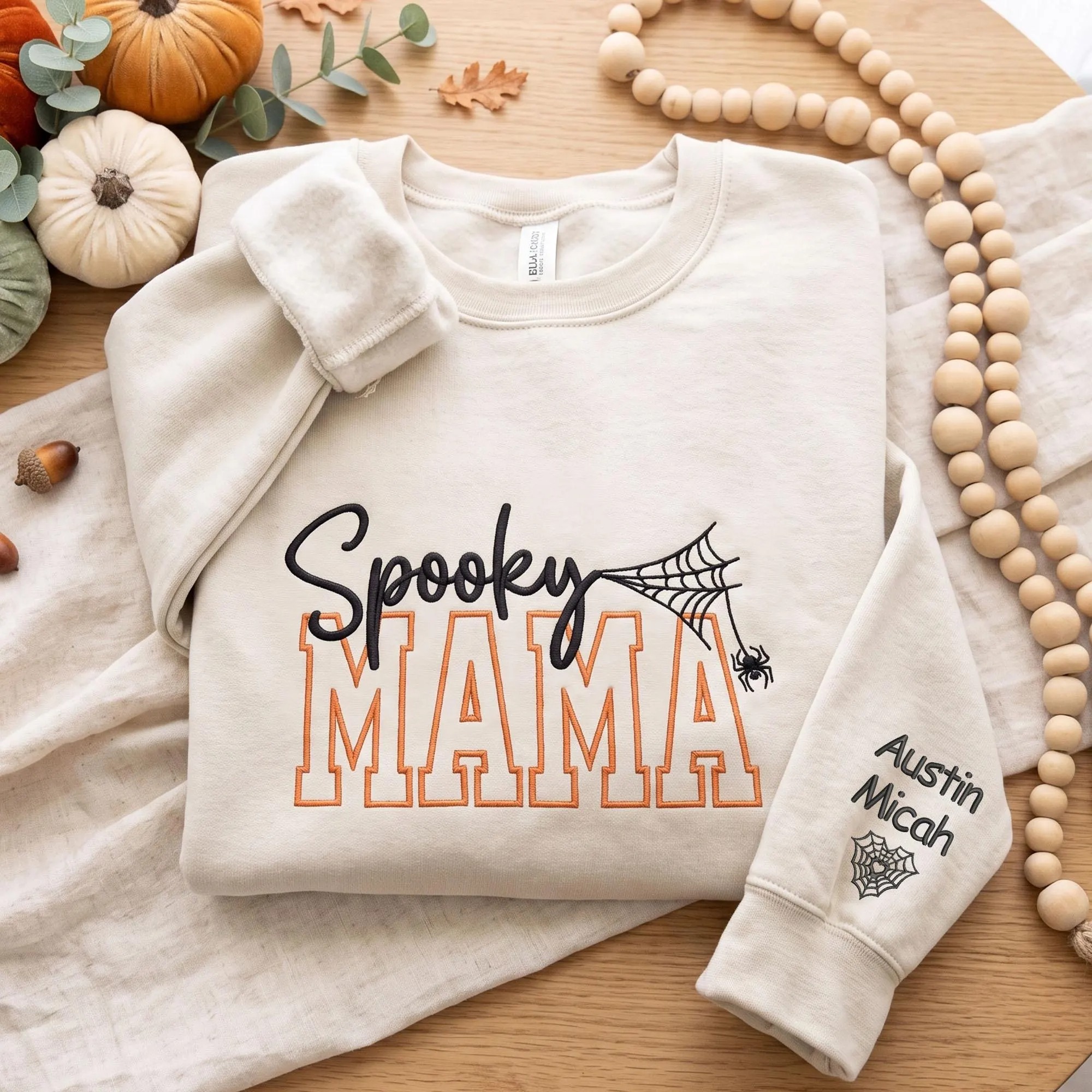 Personalized Embroidered Spooky Mama Sweatshirt, Halloween Mama Crewneck with Kids Names, Spider Web Mama Shirt, Halloween Gift for Mom
