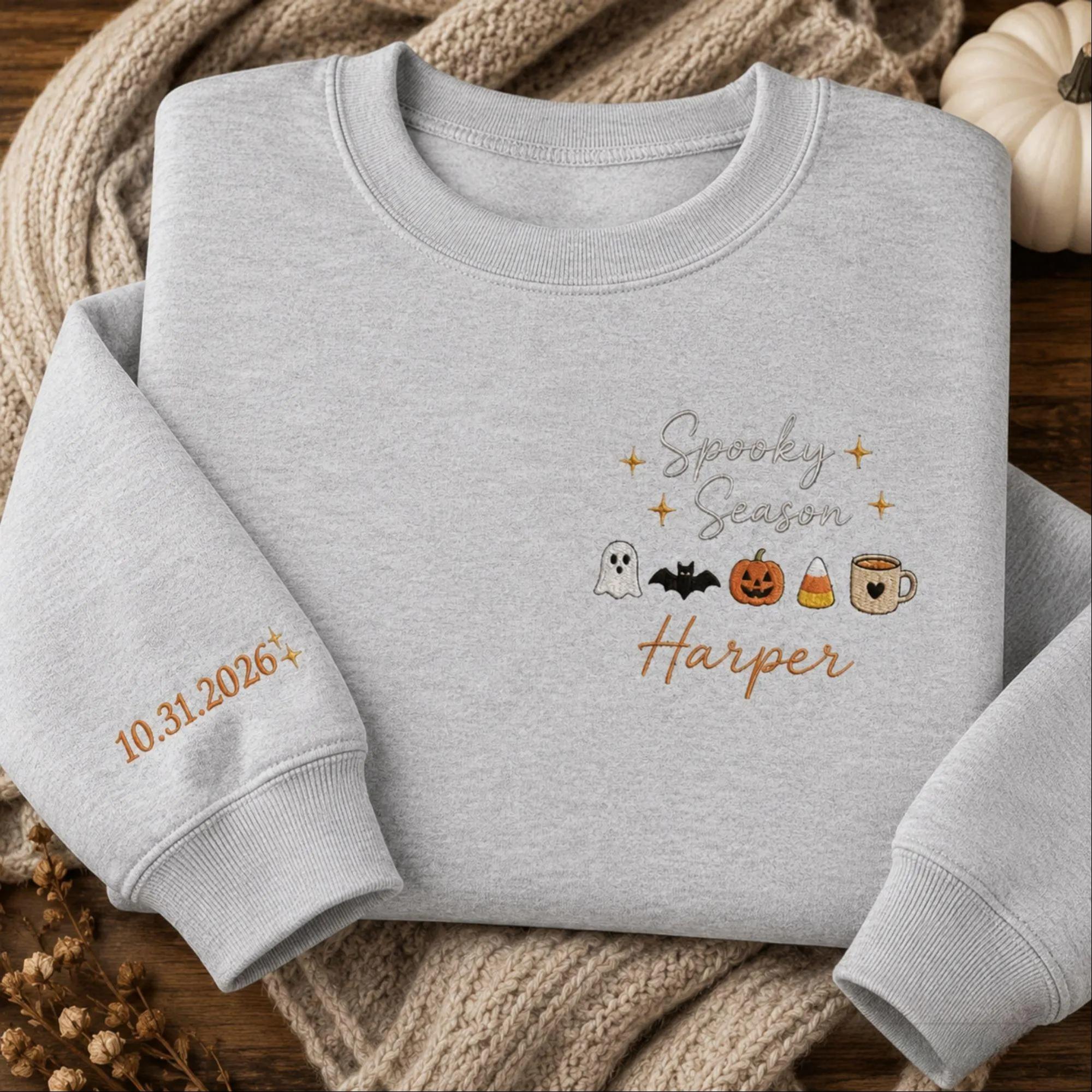 Personalized Embroidered Spooky Season Sweatshirt, Custom Halloween Vibes Gildan Tee, Ghost Pumpkin Sweater, Halloween Trendy Sweatshirt