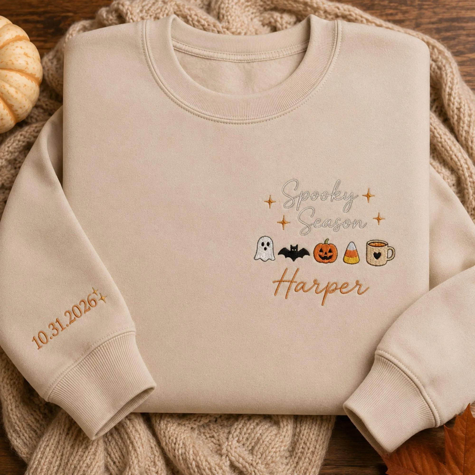 Personalized Embroidered Spooky Season Sweatshirt, Custom Halloween Vibes Gildan Tee, Ghost Pumpkin Sweater, Halloween Trendy Sweatshirt