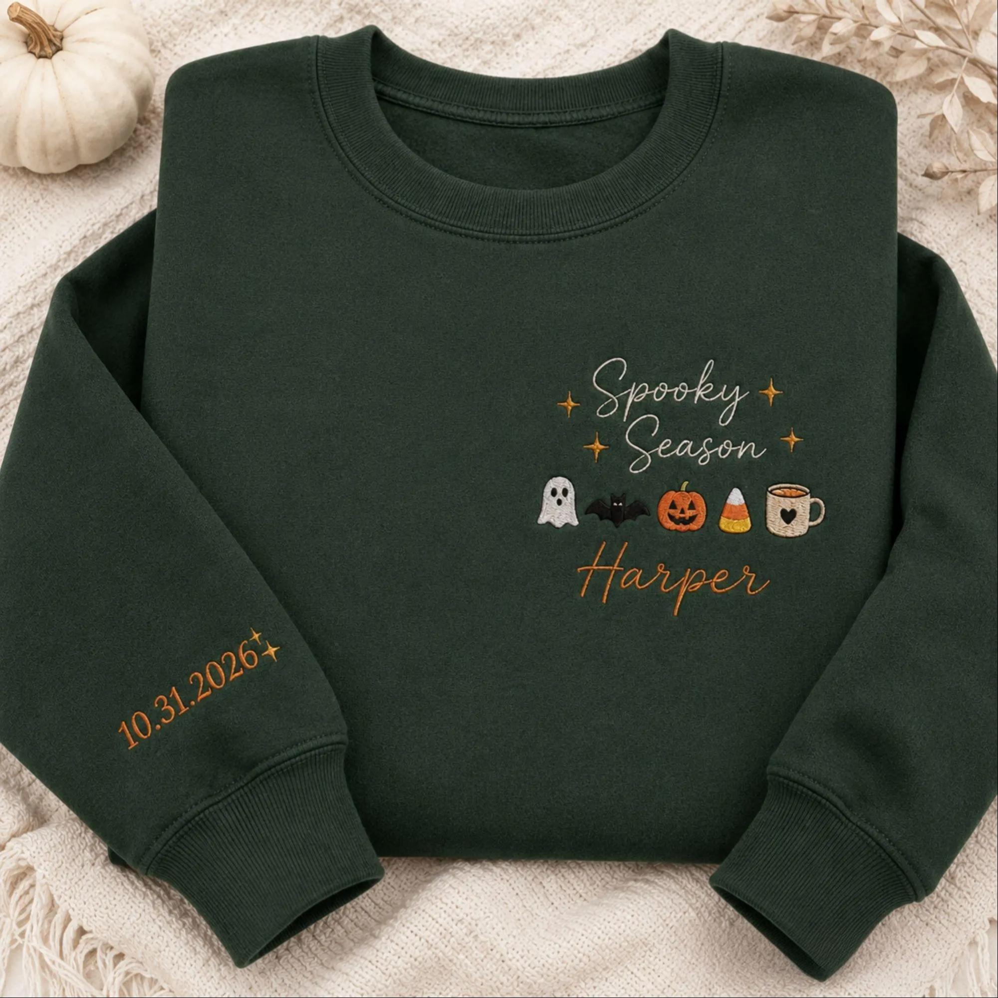 Personalized Embroidered Spooky Season Sweatshirt, Custom Halloween Vibes Gildan Tee, Ghost Pumpkin Sweater, Halloween Trendy Sweatshirt