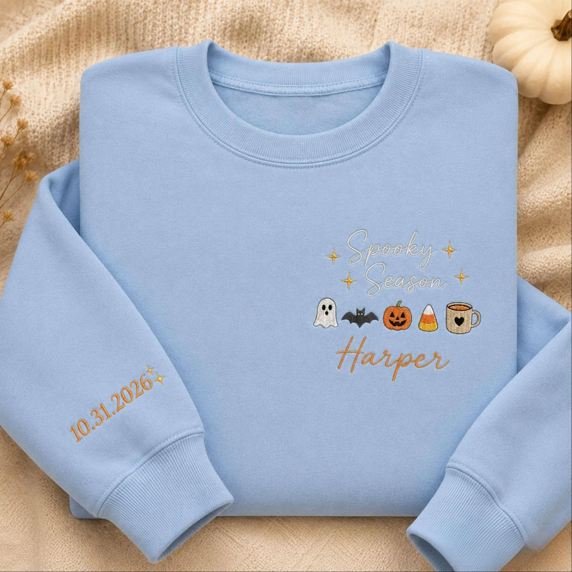 Personalized Embroidered Spooky Season Sweatshirt, Custom Halloween Vibes Gildan Tee, Ghost Pumpkin Sweater, Halloween Trendy Sweatshirt